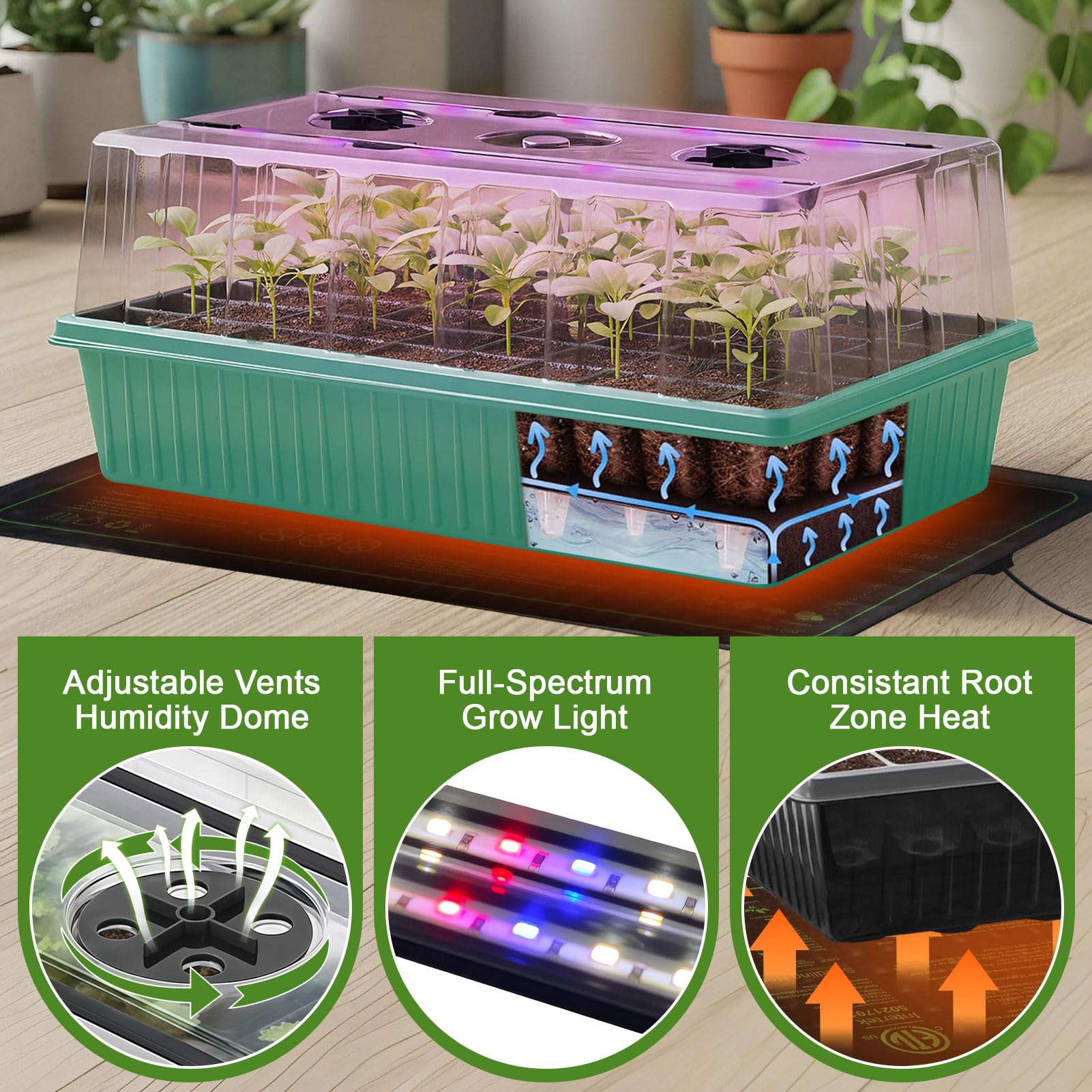 Vassoio di avviamento per semi autoirrigante a 120 celle con luce per coltivare, vassoi per semi da interno con tappetino termico, vassoi per la germinazione delle piante a luminosità regolabile, kit