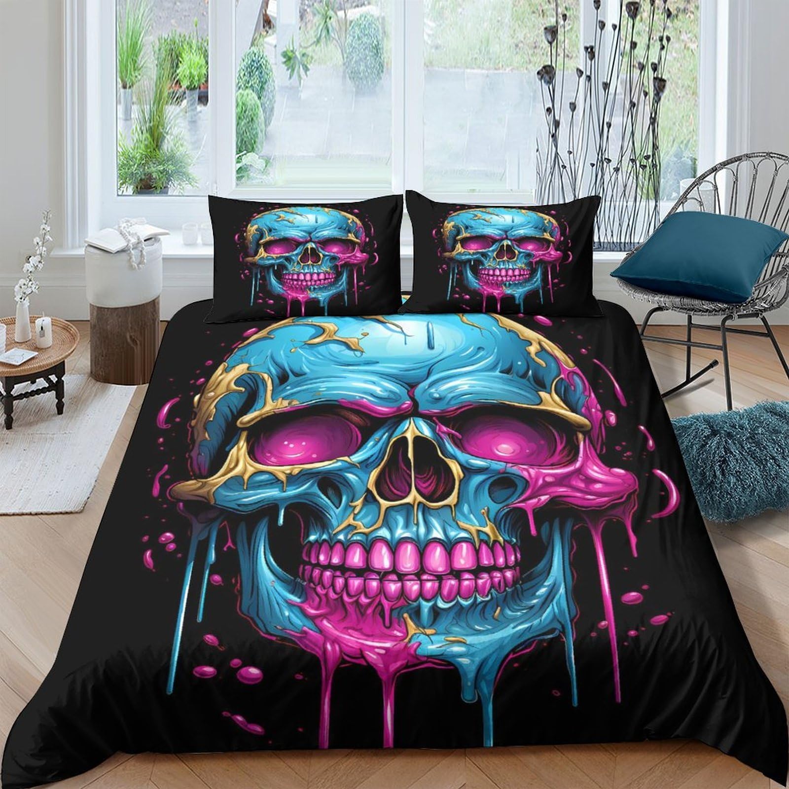 GPLZQXKJNH 3D Printed Neon Skull Duvet Cover Microfiber Soft Breathable Graffiti Bedding Set with 2 Pillowcases for Bedroom Decor Single（135x200cm）