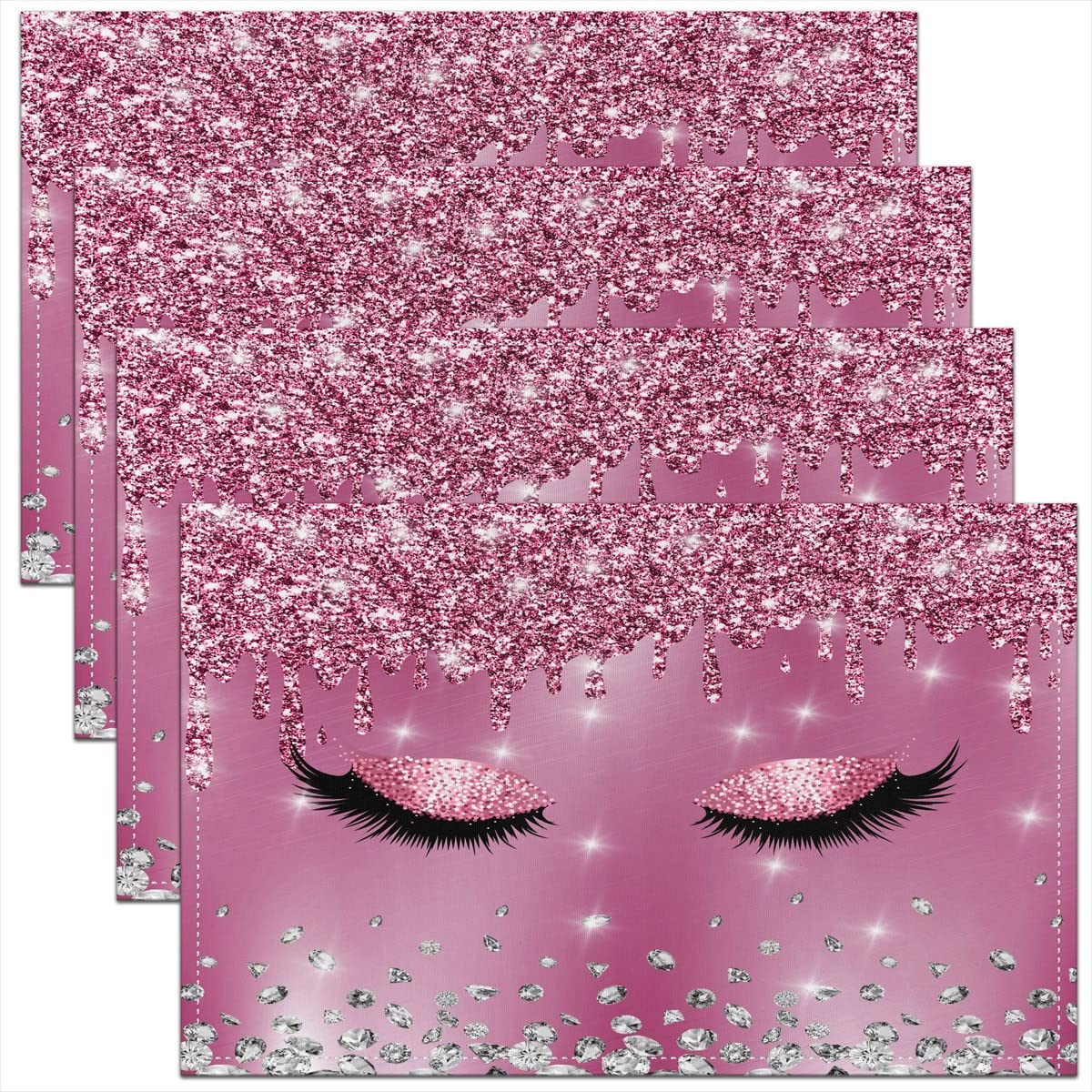Homemissing Multicoloured 1 Eyelash Glitter Diamond Placemats Set Of 4 45X30cm Modern Simple Lovely Table Place Mats, Pink Shiny Bling Placemat For Kitchen Dining Table Indoor Outdoor