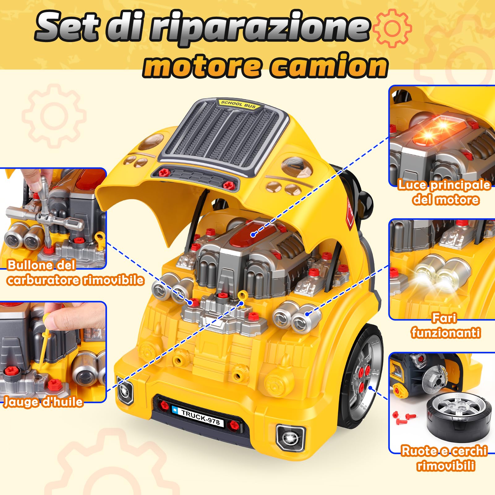 Giocattoli per Bambini Maschi 3-8 Anni: Set Gioco Meccanico con Camion Smontabile, Trapano Elettrico e Costumi da Costruzione, Gioco di Ruolo Officina, Regalo Educativo Compleanno per Bambini