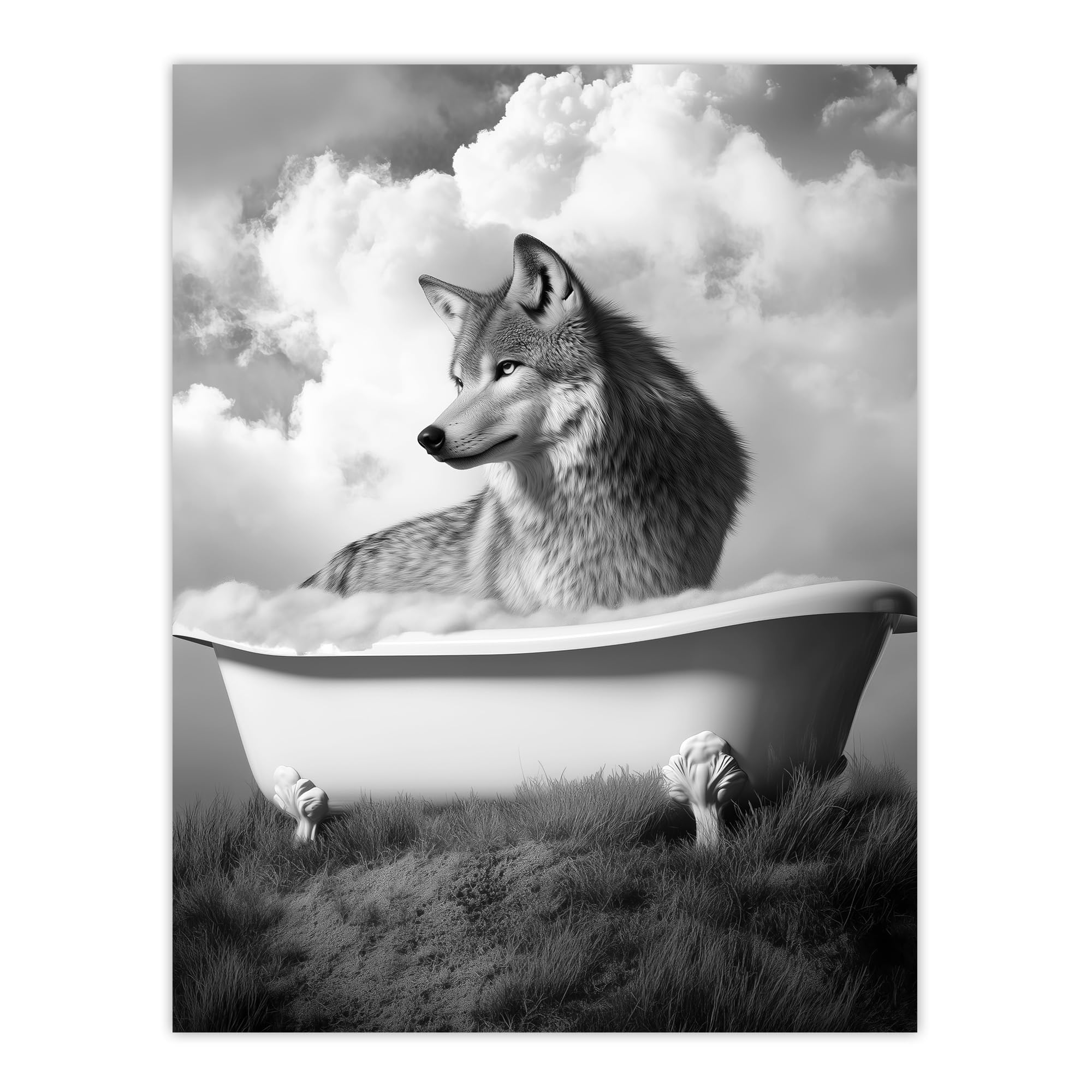 Artery8 Wolf in Bathtub Surreal Black White Bubble Bath Bathroom Toilet Large Wall Art Poster Print Thick Paper 18X24 Inch