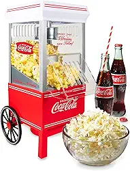 Nostalgia Máquina de fazer pipoca vintage Coca-Cola de ar quente – Faz até 12 xícaras – Sem óleo – Pipoca mais saudável – Carrinho clássico de pé com rodas – Inclui copo medidor – Branco e vermelho