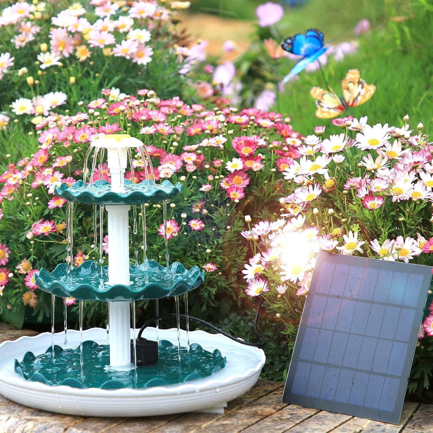 AMZtime DIY 3.5W Solarbrunnen für Draussen, 3Schicht abnehmbares Vogelbadset für Vogelbad und Gartenszenen Solarbrunnenset, DIY Solarbrunnen Abnehmbar und Geeignet für Garten, draussen