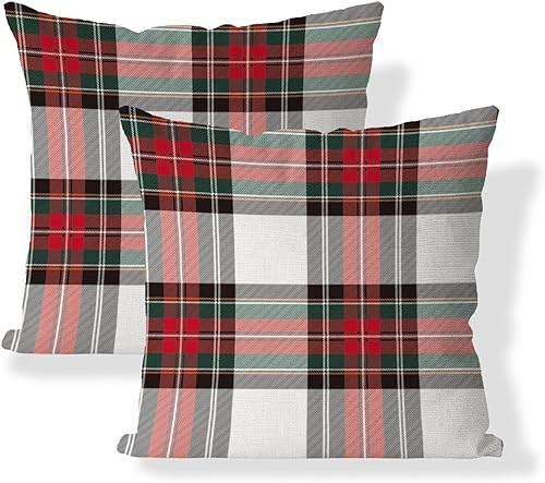 Juego de 2 fundas de almohada de Navidad de 18 x 18 pulgadas, color rojo, verde y blanco, a cuadros, decoraciones de vacaciones de invierno, fundas