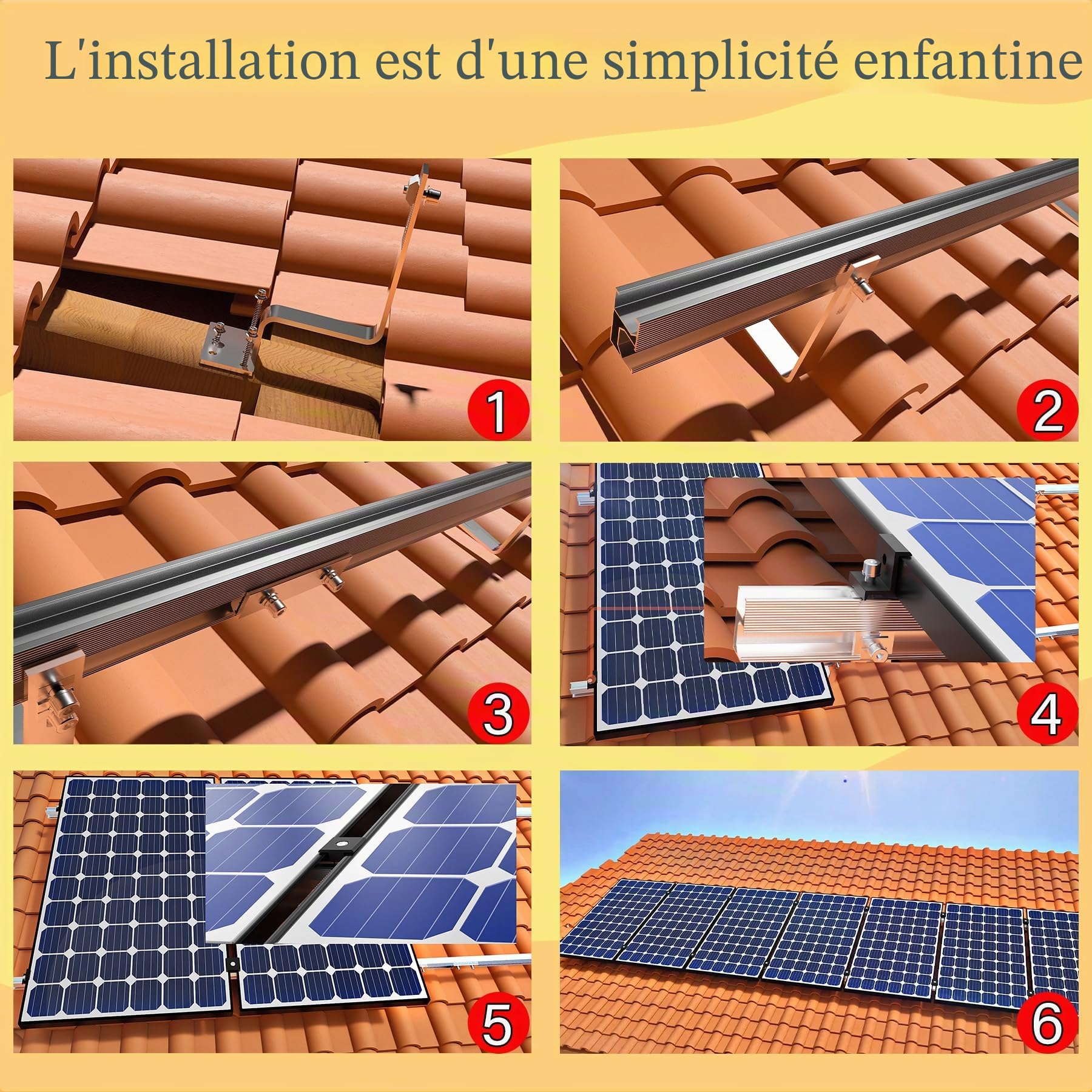 TEOV Kit de montage PV toit en tuiles avec rail de montage de 1240 mm et crochet de toit, support de panneau solaire avec pince d'extrémité et pince centrale de 40 mm, pour 3 panneaux solaires
