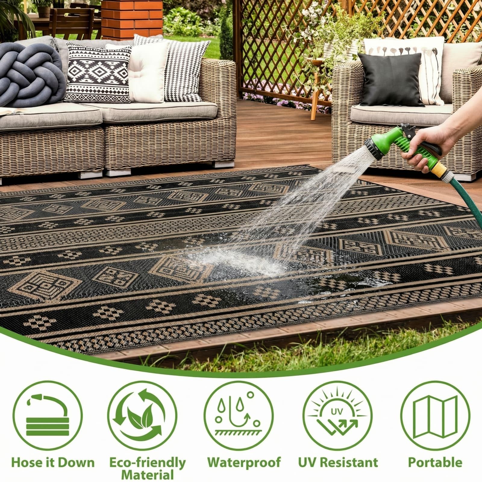SHACOS Tapis extérieur réversible imperméable, résistant UV, pliable, balcon, terrasse, camping, plage, 180x270 cm, noir