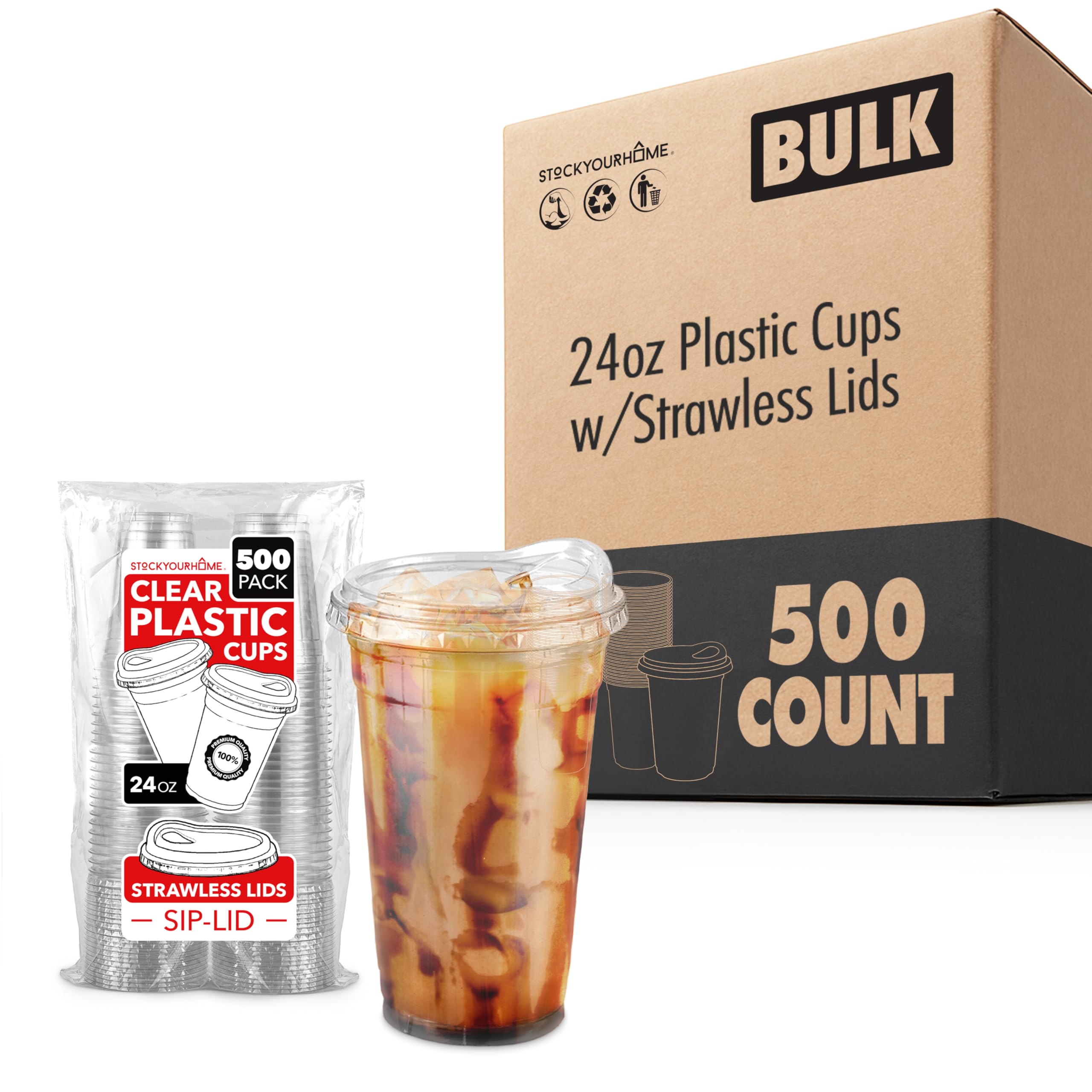 24 oz Clear Plastic Cups with Lids Disposable by Stock Your Home – 2 Pack Pack of 250, 24.0 ounces, Plastic, Clear, Pack of 500