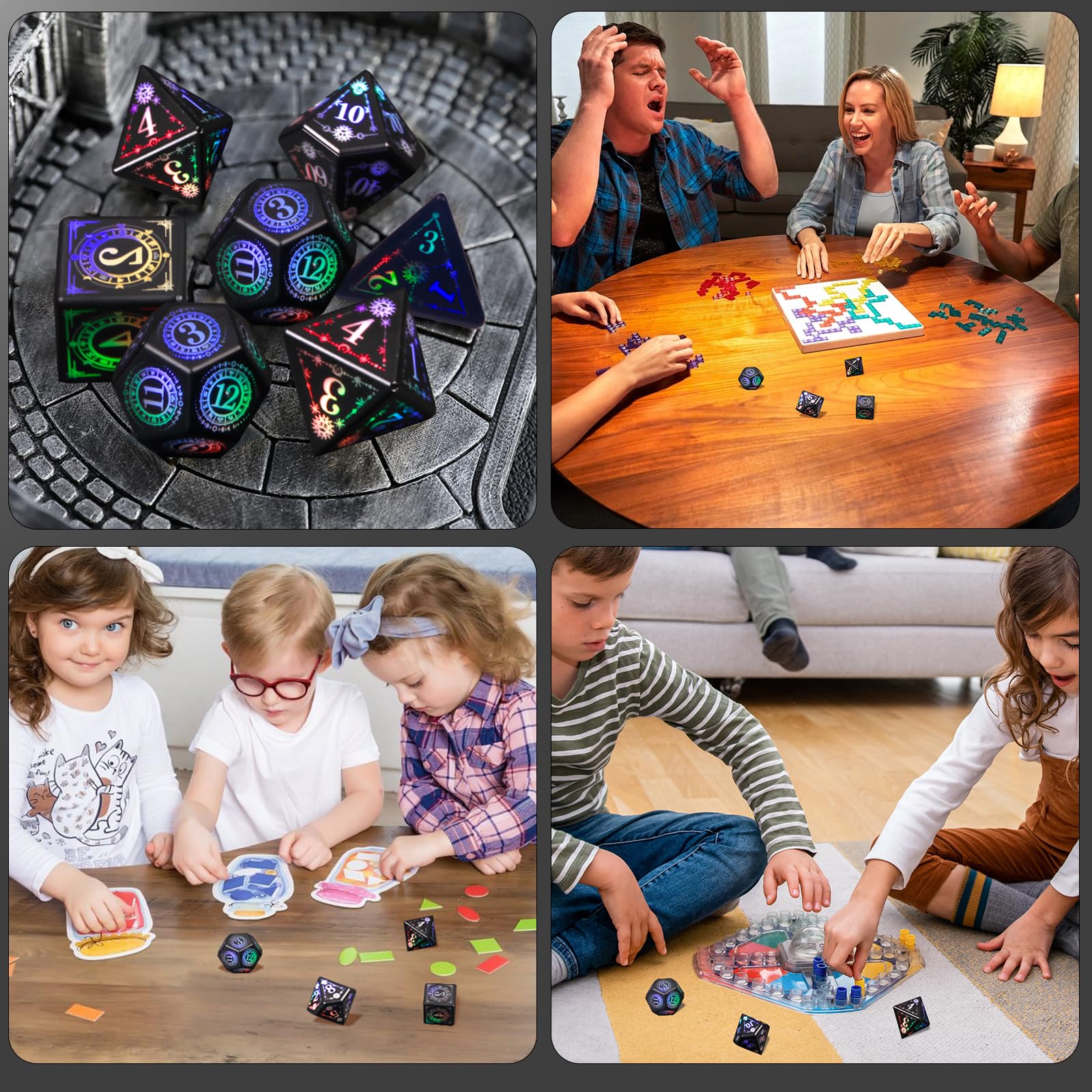ORUZA Lot de 7 dés lumineux DND à DEL rechargeables avec boîte de charge, dés D&D polyédriques lumineux pour jeux de rôle Donjons et Dragons RPG MTG