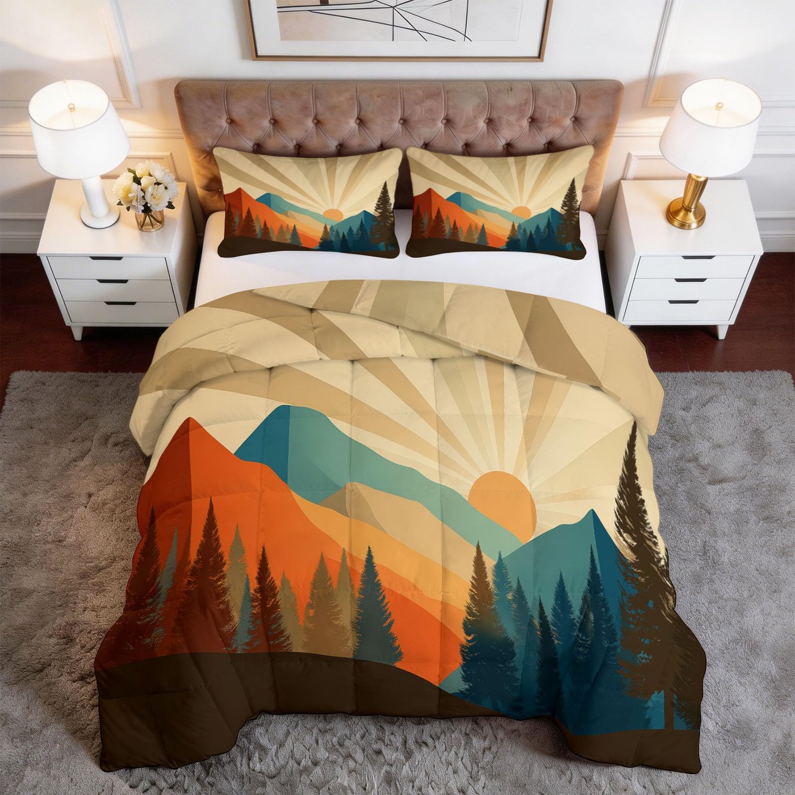 Colcha de verano ligera de 135 x 200 cm con diseño de montañas y pinos vintage