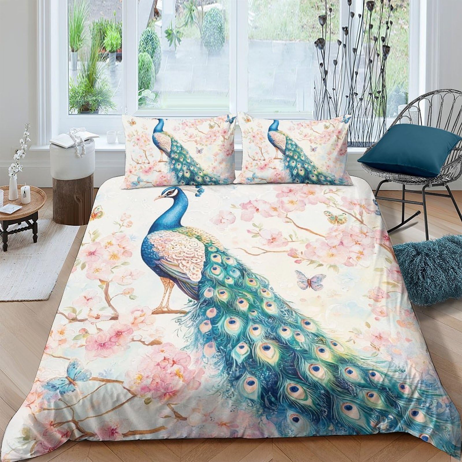 Ctjqhvkz Style-3 3D Printed Peacock Blossom Fitted Sheet Microfiber Soft Bedroom Decor Blue Green Mattress Cover Dustproof Washable Single（135X200cm）