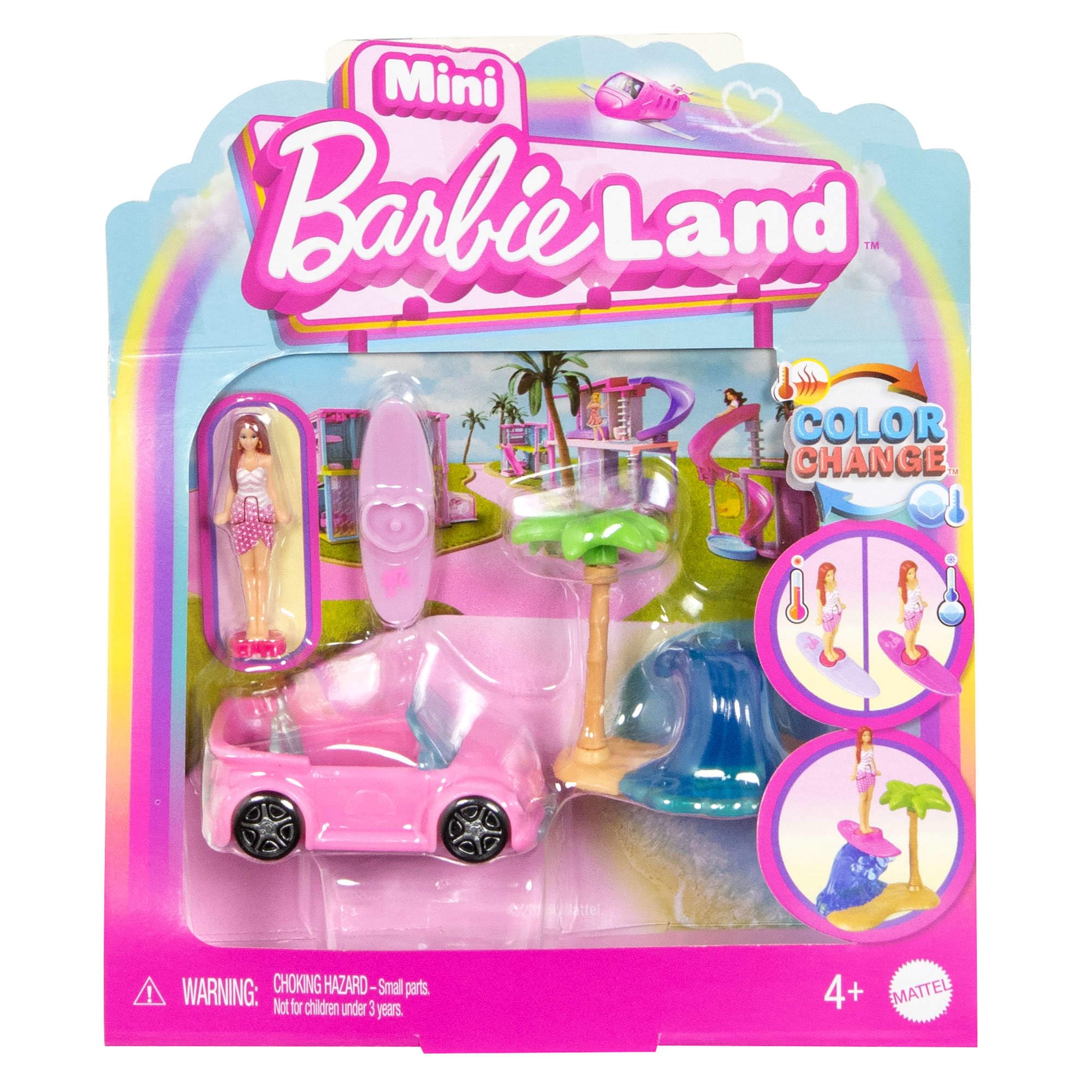 Barbie Mini BarbieLand - Veicolo per la Spiaggia, set con veicolo decappottabile, mini bambola Barbie e accessorio, effetto cambia colore, giocattolo per bambini, 4+ anni, JCR35