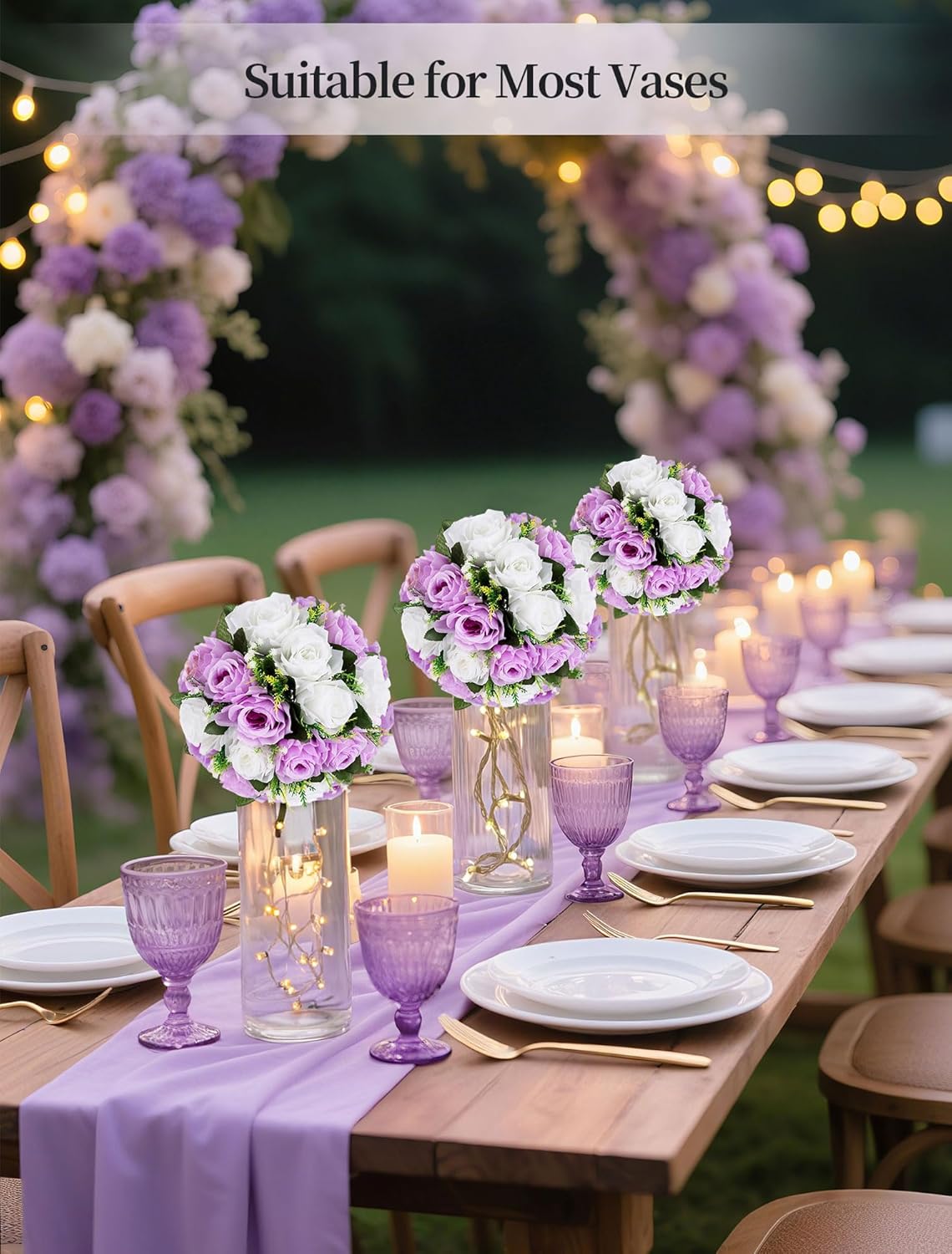 BLOSMON Lilac Flowers Balls for Centerpieces: 10 Pcs Purple White Fake Roses Flower for Wedding Table - Artificial Silk Kissing Bouquet Floral Arrangement Center for Home Party Event Decor - Image 3