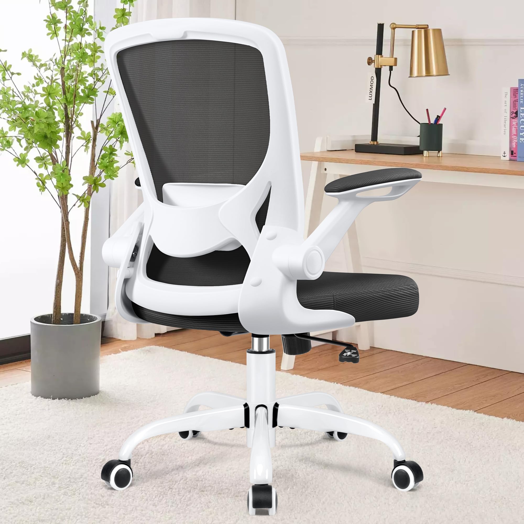 KERDOM 9060 Silla de oficina ergonómica con reposabrazos plegables, silla de ordenador giratoria de tejido de malla de 360°, blanco
