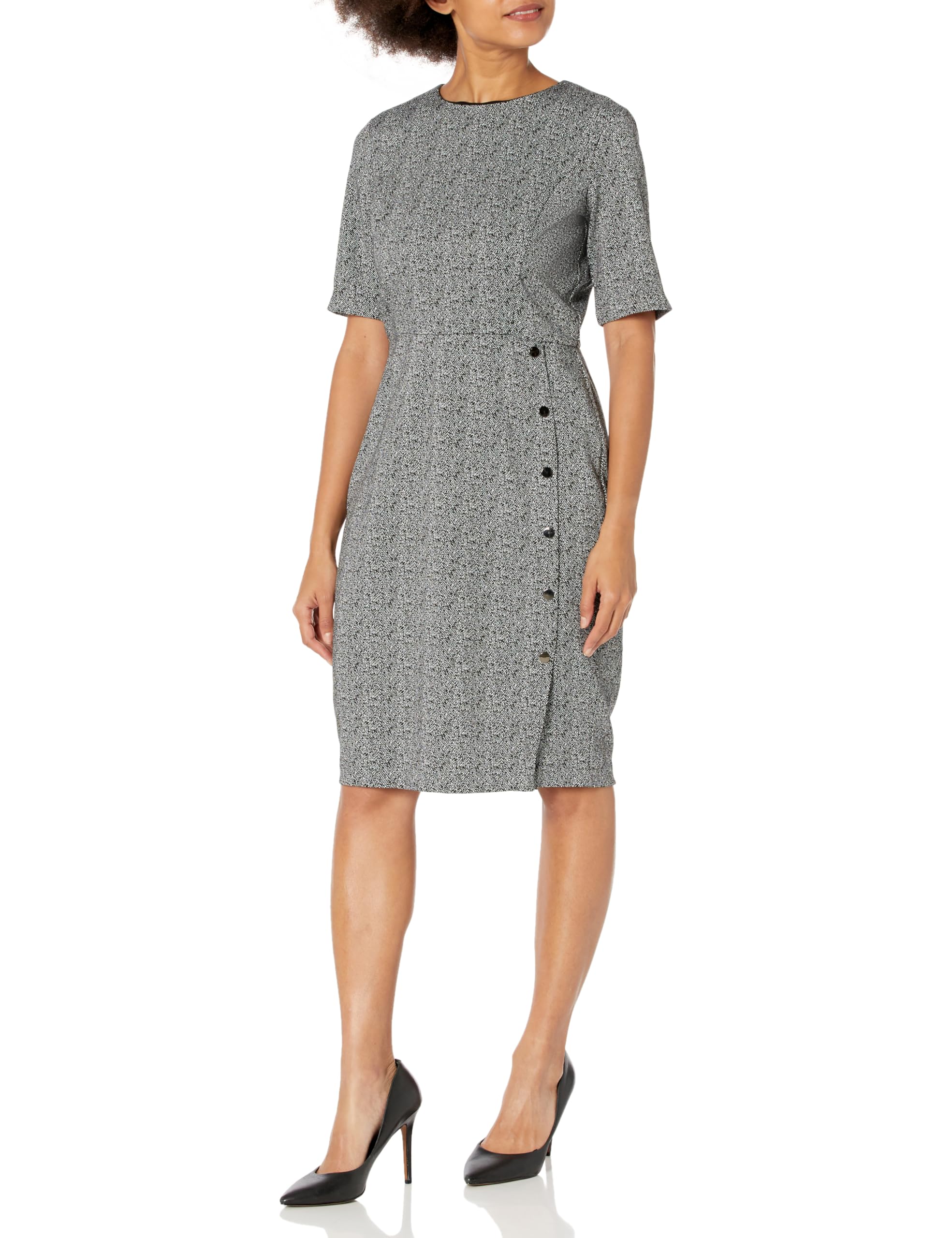 London TimesWomen's Short Sleeve Knee Length Crew Neck Button Side Career Polished Sheath Dress