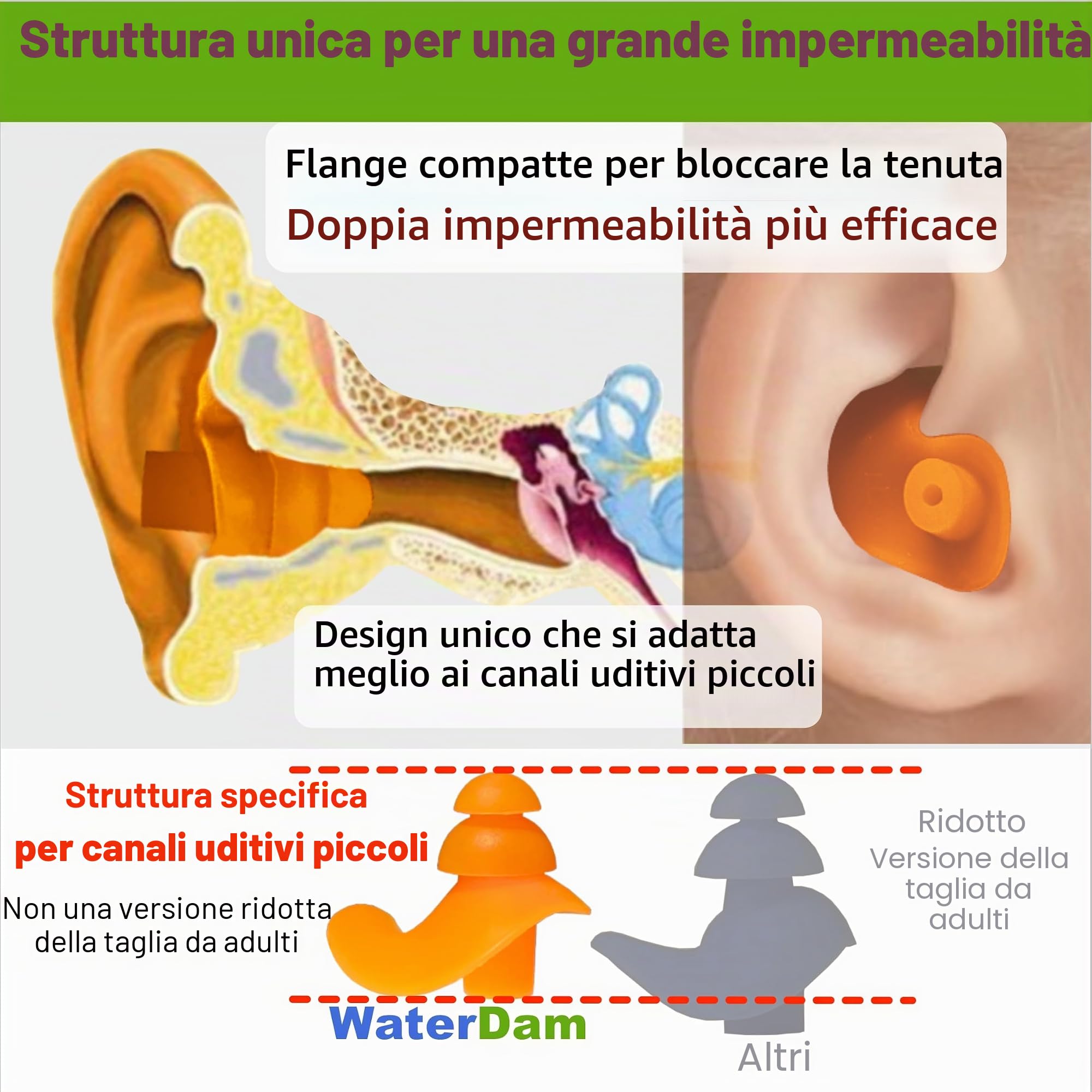 WaterDam - Tappi per le orecchie da nuoto, impermeabili, ultra comodi, prevengono l’otite del nuotatore (misura 1+2: per bambini (blu) e donne e ragazzi con orecchie piccole (verde))