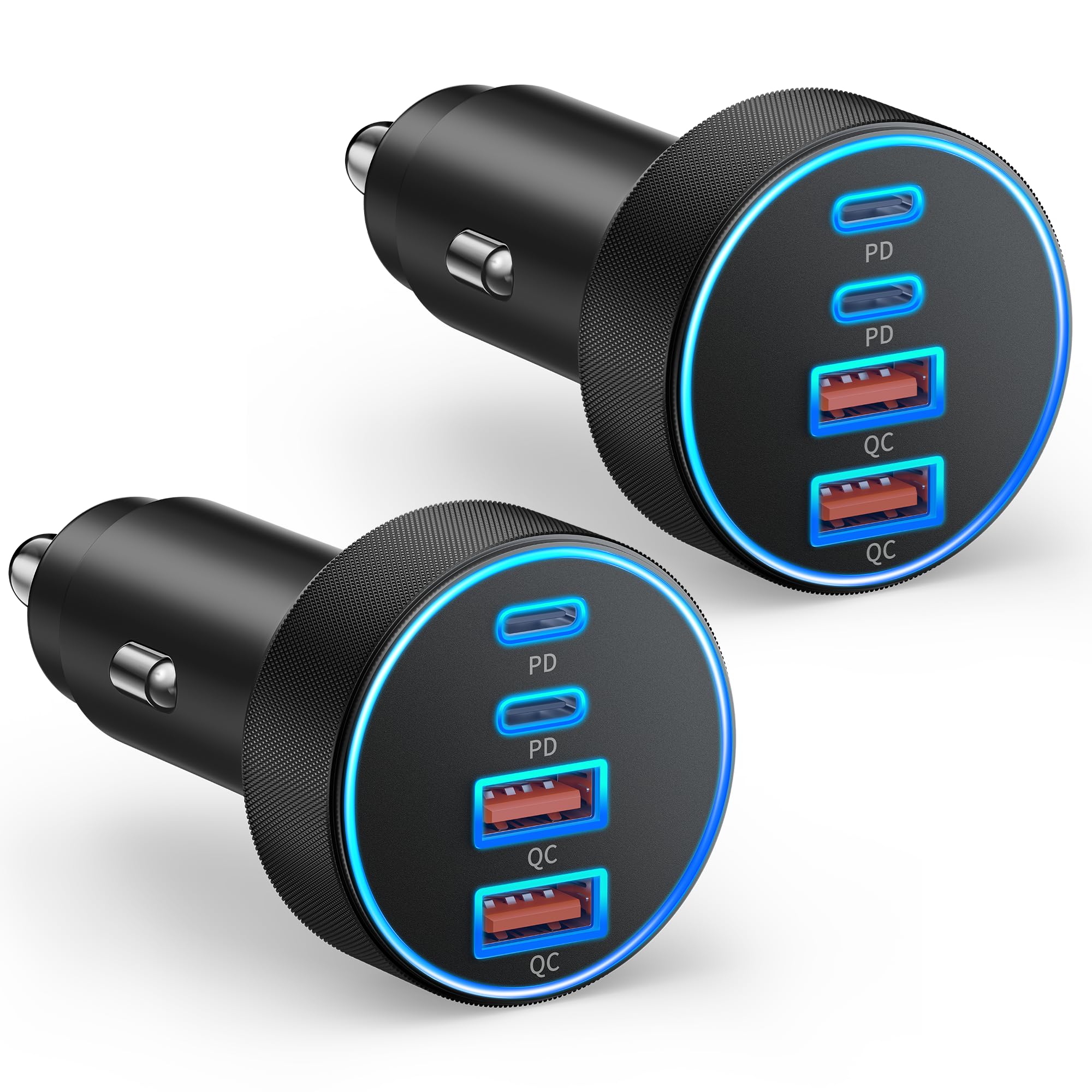 USB C Auto Ladegerät, 2 Pack 90W 4-Port Super Fast Zigarettenanzünder Adapter | Kfz-Ladegerät USB C, 4-Port 90W Super Fast Charging Car Phone Charger Adapter
