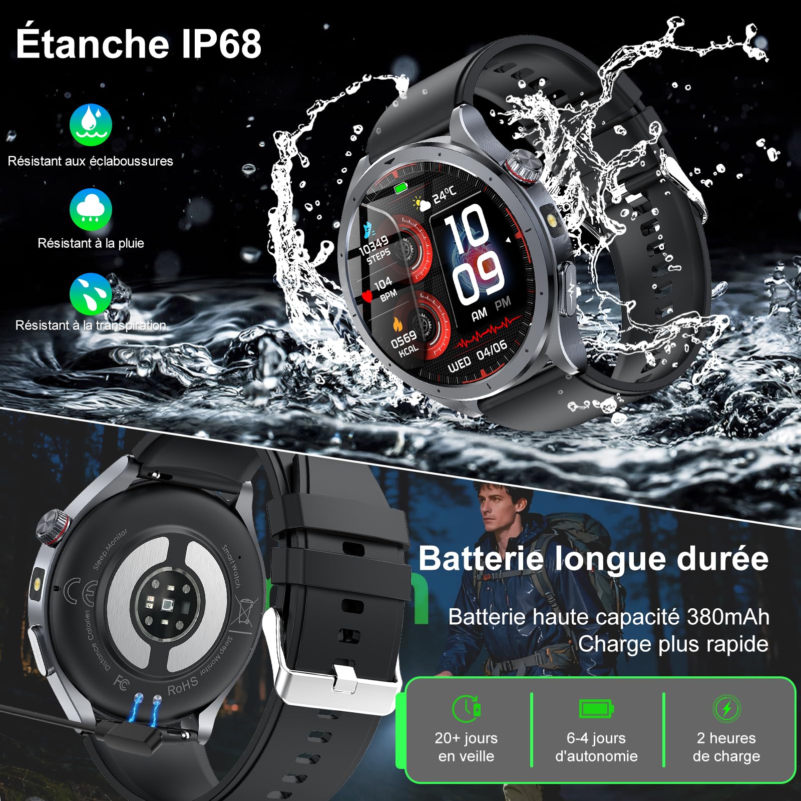 YUPENG 2026 IA Montre Connectée Homme avec ChatGPT/ECG+HRV/IMC, 1.53" Smartwatch avec 5.4BLE Appel Bluetooth/LED Lampe, 24H Τе𝐧ѕіо𝐧 Αrтérіеllе/Sommeil Monitor/Fréquence Cardiaque, Android iOS
