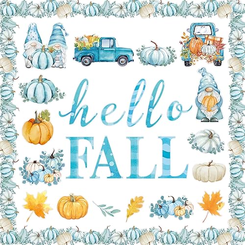 Faccito Juego de 70 piezas de decoración de tablón de anuncios de Acción de Gracias, recortes de Hello Fall color azul, recortes de tablón de