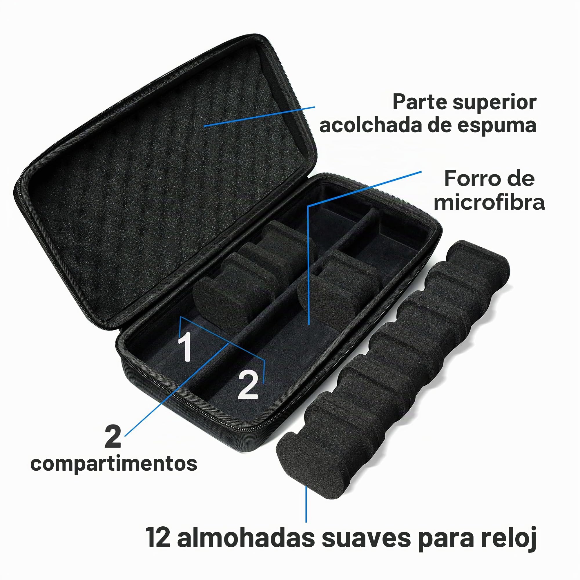 Estuche organizador de relojes de 12 ranuras, funda rígida de viaje hecha de aluminio, funda de viaje acolchada para exposición y organización de relojes
