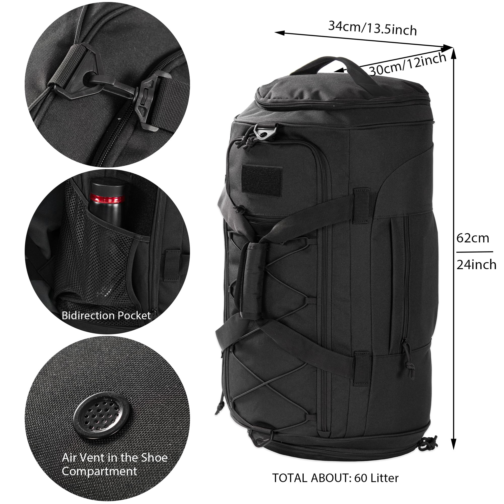 60L Militär-Duffel-Rucksack, Hochwertige Sporttasche & Reisetasche mit Mehreren Fächern (inkl. Schuhfach & Nass-Trocken-Trennfach), Verstellbarem Schultergurt & MOLLE-System, Schwarz