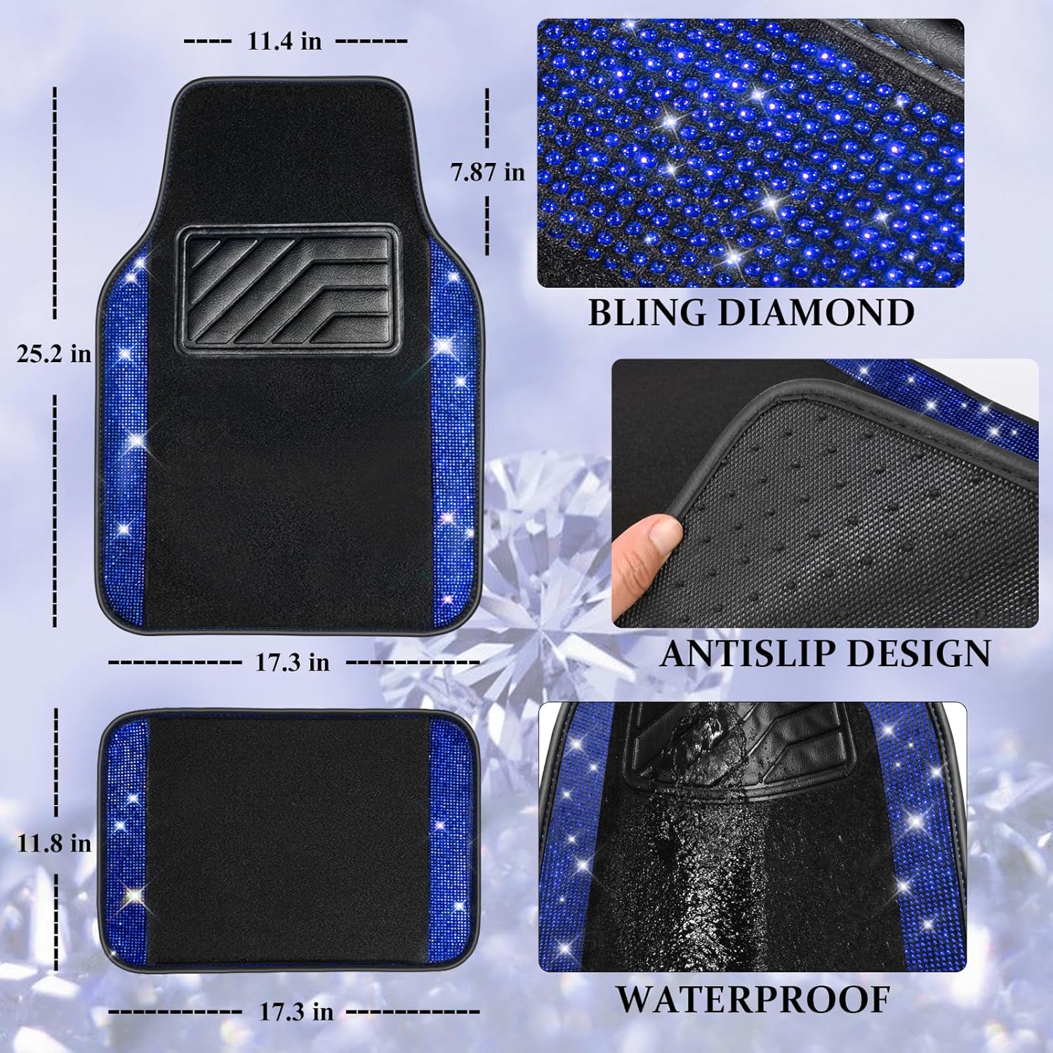 CAR PASS Bling Rhinestones Diamond Car Floor Mat,Sparkly Glitter Shining Crystal Carpet Anti-Slip PVC Heel Pad Waterproof Universal for Automotive SUV,Sedan,Van,4pcs Girl Pretty Women Men Black Blue - Image 5