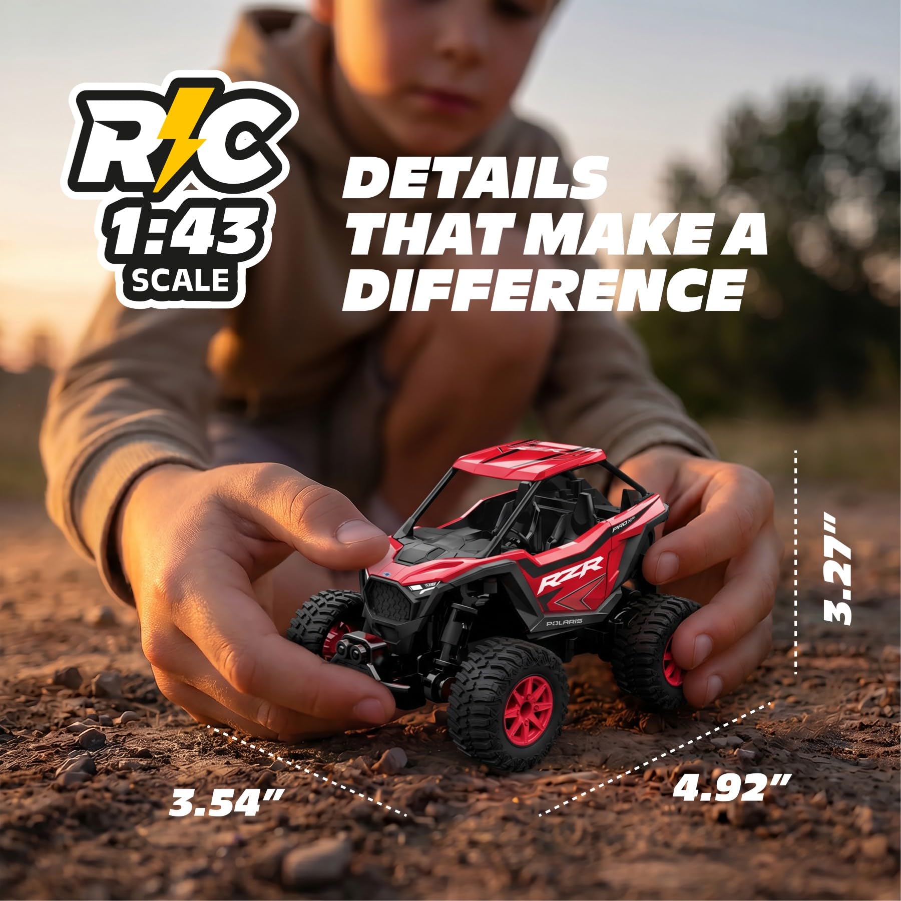 Control remoto para coche/UTV, 2WD Introducción a Hobby RC Polaris RZR - Escala 1:43, 2.4GHz - Rojo - Control remoto con función de disparador, caja de salto y baterías incluidas, gran