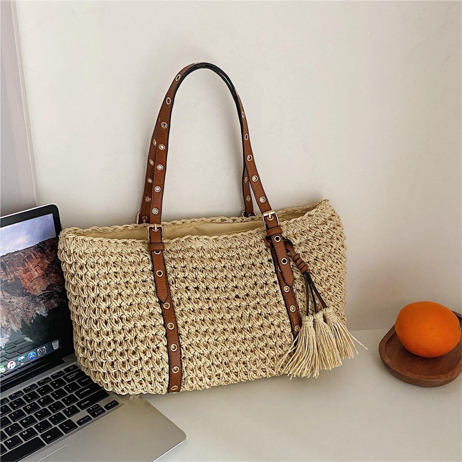 bolso mujer verano Bolsos de mano playa paja for mujer, bolso rafia trenzado for vacaciones, compras hombro Retro