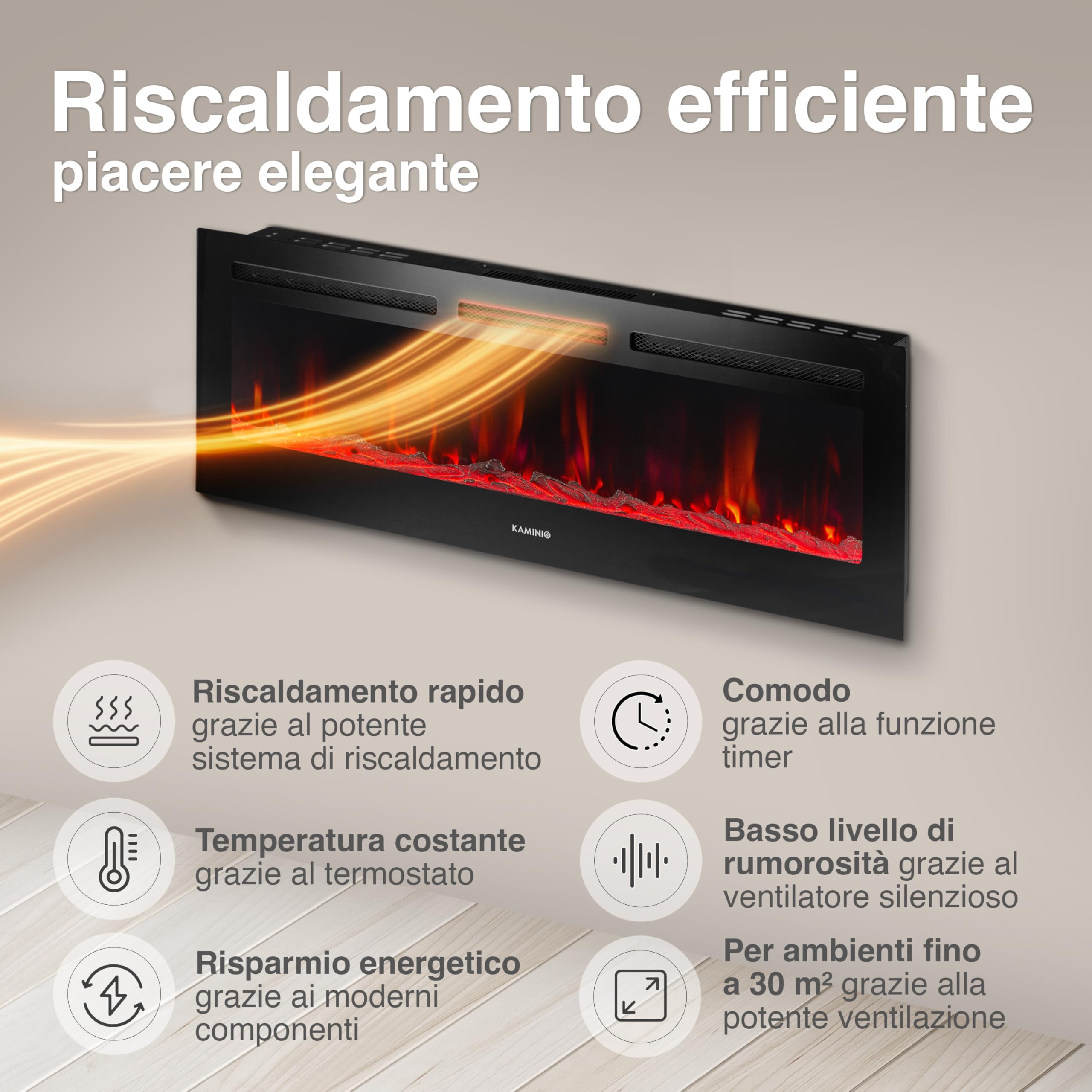 Kaminio Camino elettrico MARLON 3-in-1 con riscaldamento, effetto fiamma 3D, 12 colori, telecomando 60 pollici