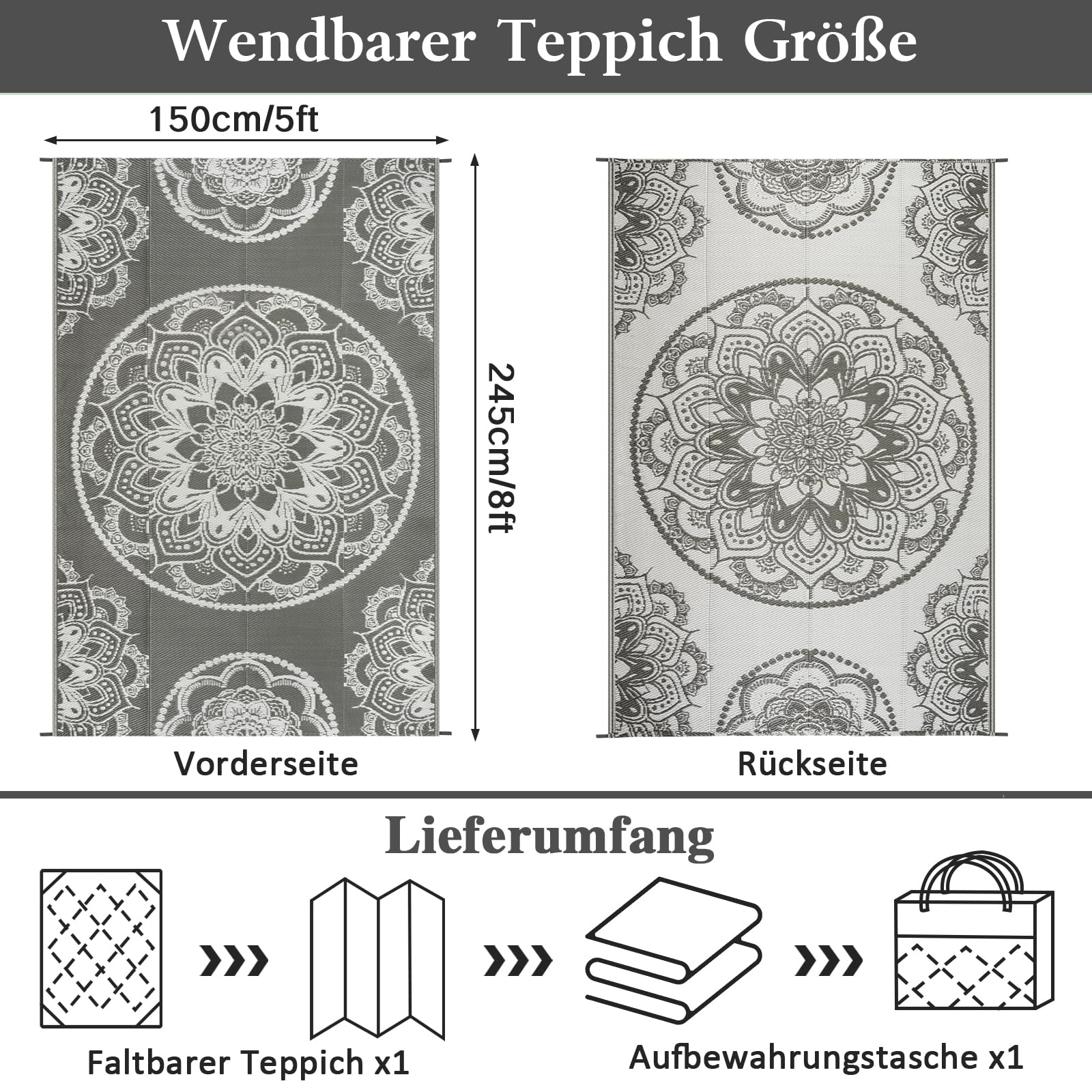 Outdoor Teppich Wetterfest 150×245 cm, Wendbarer Balkon Teppich Boho Wasserfest Aussen Grau, Kunststoff Stroh Camping Teppich für Draußen Terassen Garten Picknick Wohnmobil