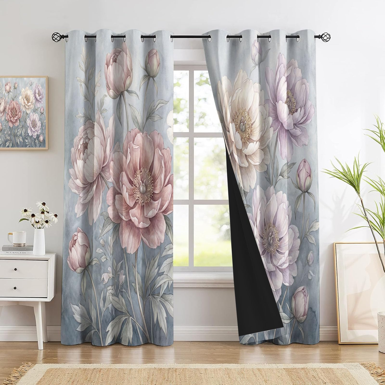 Rideau Occultant Pivoine 140x225 cm | Lot de 2 Panneaux Isolants à Oeillets pour Salon