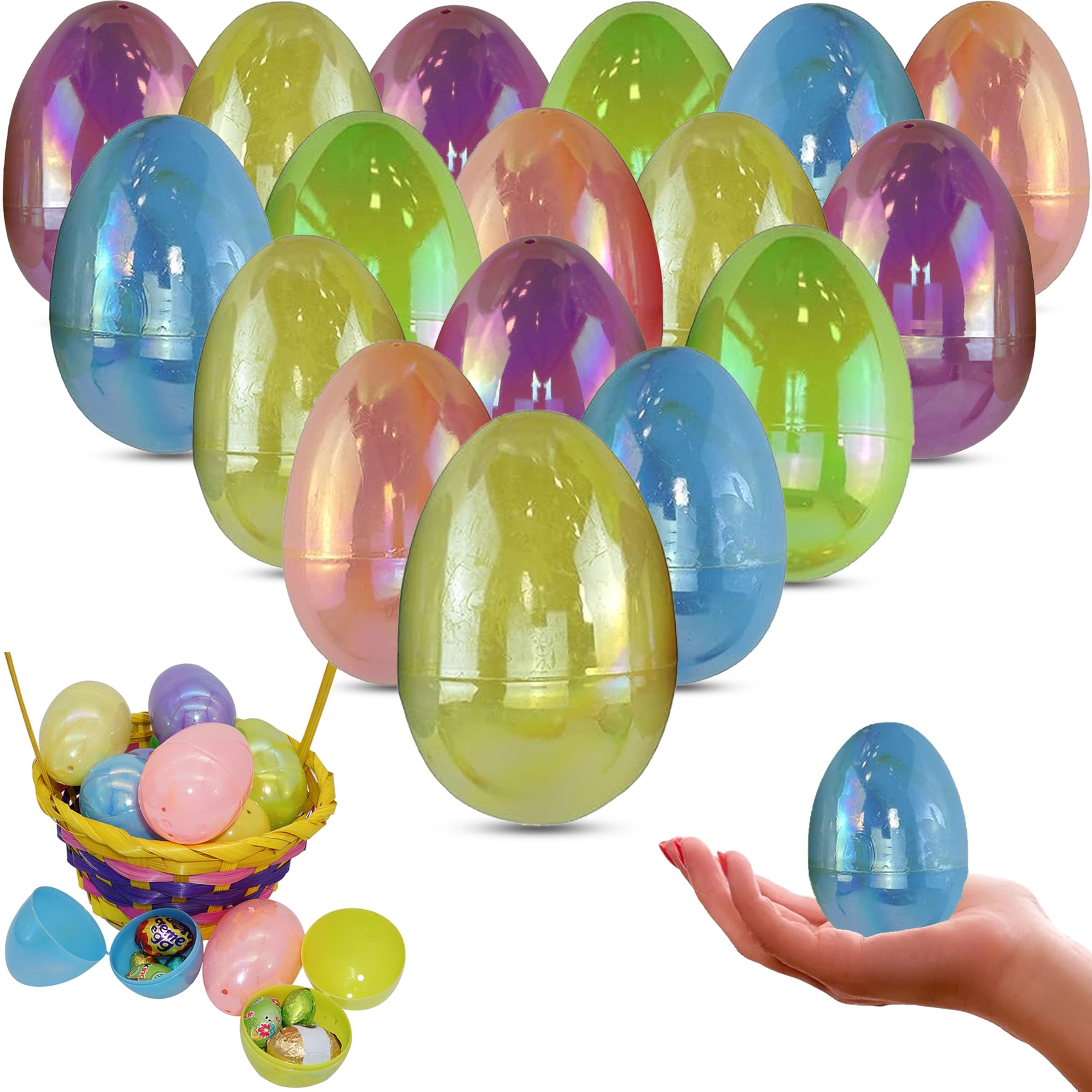 HOVUK 20PCs Large Iridescent Easter Fillable Eggs 7.7cm/3inch - Reusable/Refillable Plastic Egg for Easter Egg Hunting, Colourful Easter Gifts for Boys or Girls