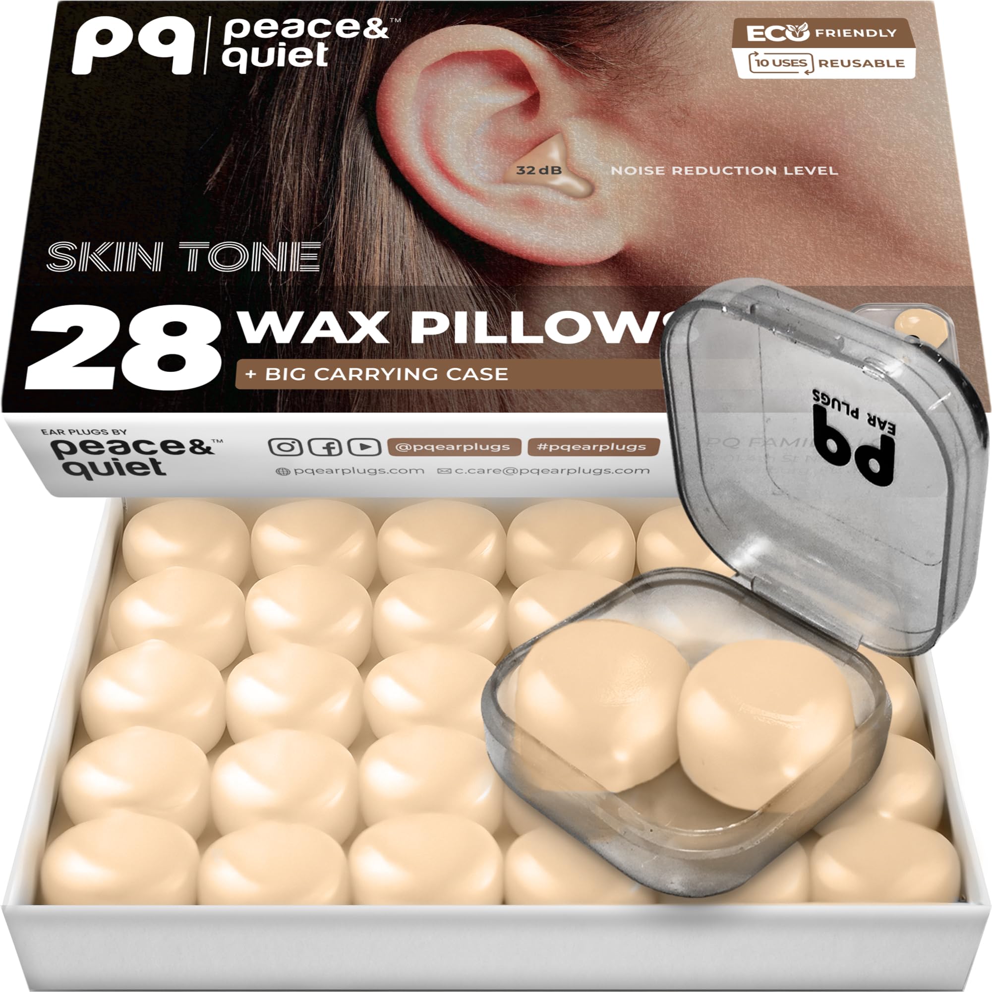 Peace&Quiet PQ Sleeping Ear Plugs Silicone - 28 Wax Moldable EarPlugs for Sleeping Noise Cancelling for Swimming, Sound Blocking Level 32 Db, (30 Silicone Earplugs), Color: Skin Tone