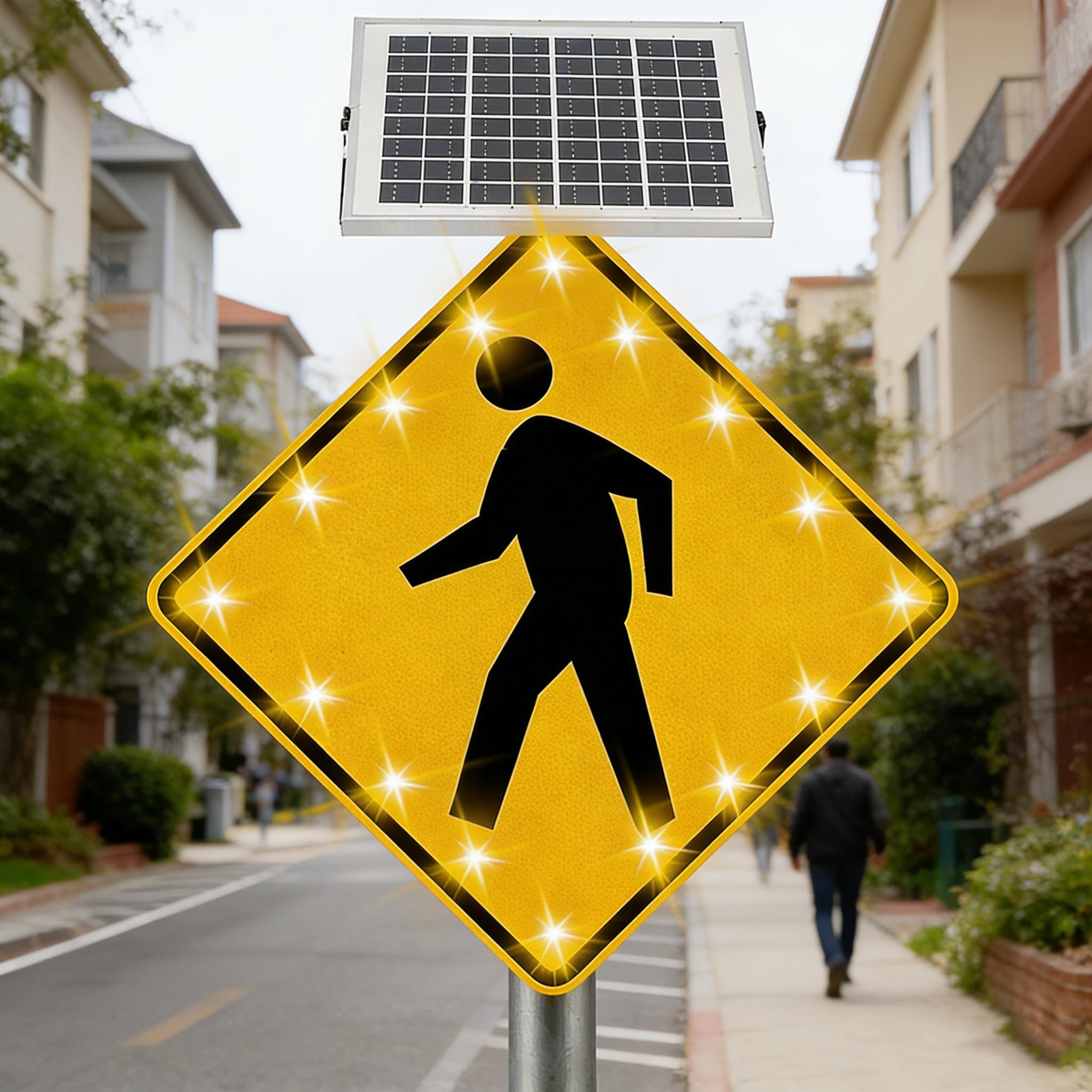 Señal Peatonal Solar con Luz LED Intermitente, 60x60cm o 75x75cm, Cartel de Reduzca Velocidad con Lámina Reflectante de Alta Intensidad, Marco de Aluminio Resistente para Seguridad Vial 24inches