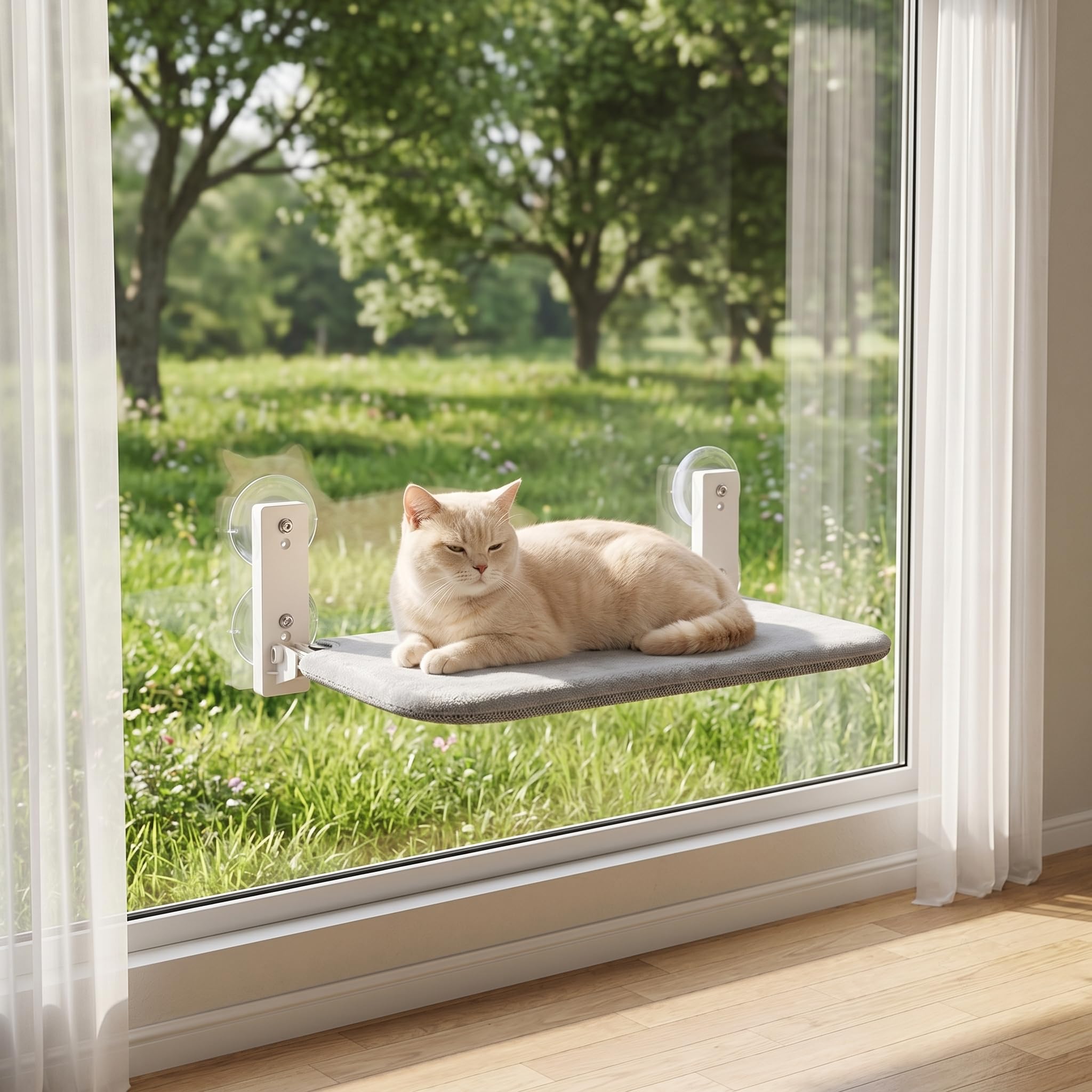 PEFUNY Objet Chat, Cordless Folding Cat Window Barch, hamac pour chat pour fenêtre et mur, avec 4 ventouses, cadre stable pour fenêtre en verre et murs intérieurs (gris moyen)