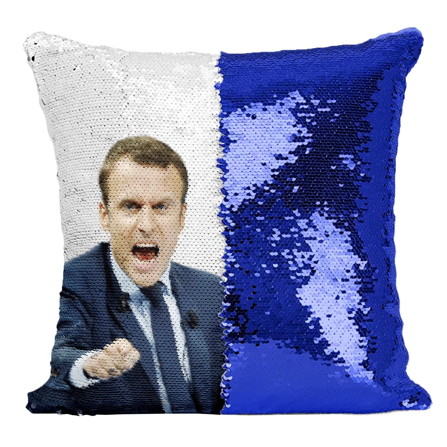 Coussin paillettes bleu Macron en colère | Idée cadeau humour pour anniversaire et collègue