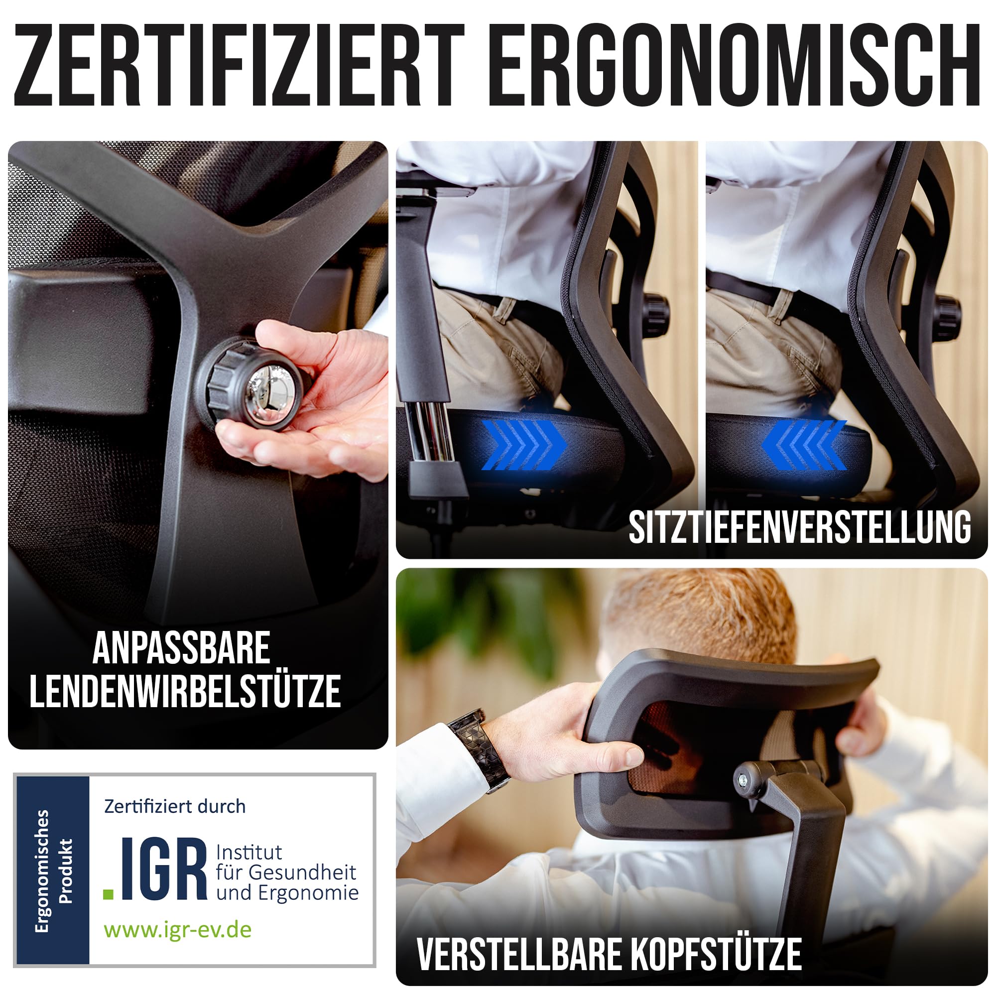 ELITESEATS Bürostuhl Ergonomisch TESTSIEGER Kratzerfreie Rollen Atmungsaktiv 150 kg Belastbar Drehstuhl Home Office Chair