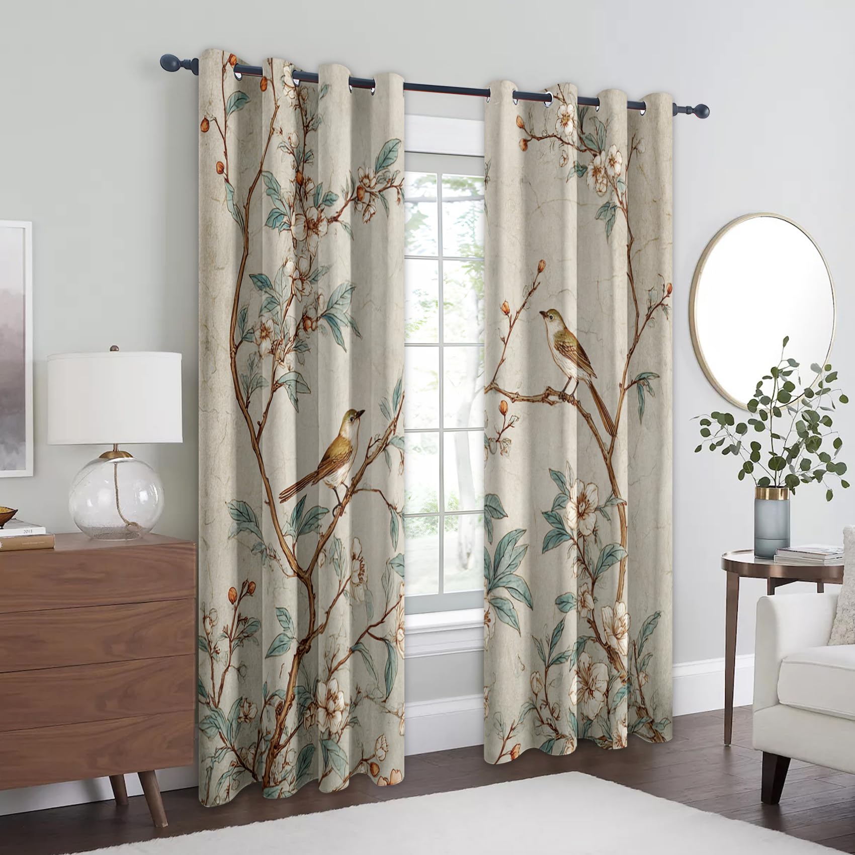 Rideaux Occultant Fleurs Oiseaux, Rideau Isolant Thermique pour Salon Chambre, Motif Branche d'arbre, Lot de 2 Décoration de Fenêtre Opaque 140x200cm LxH, à Oeillets