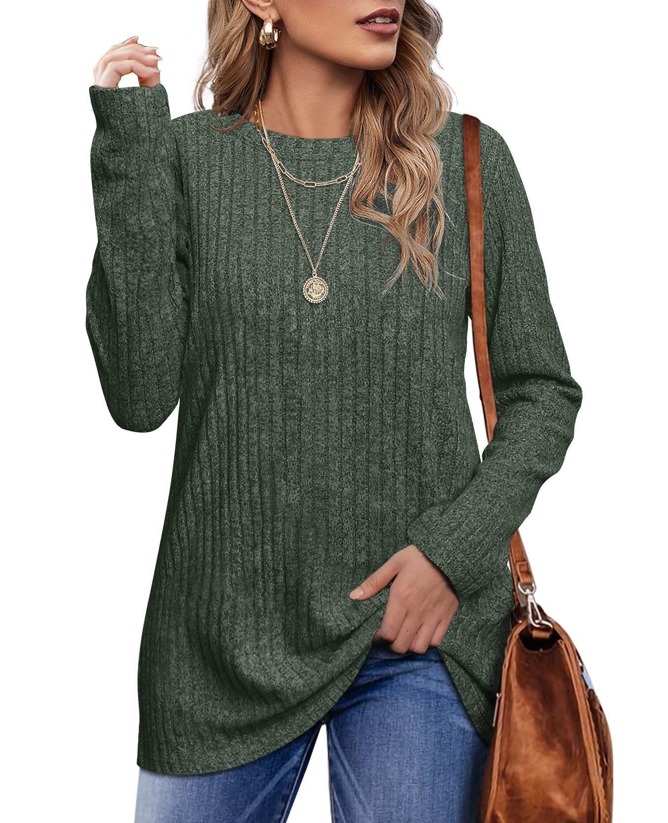 OFEEFAN Long Sleeve Shirts for Women Loose Fit Crew Neck Tunic Tops Blouse Dressy Casual Fall Winter Clothes