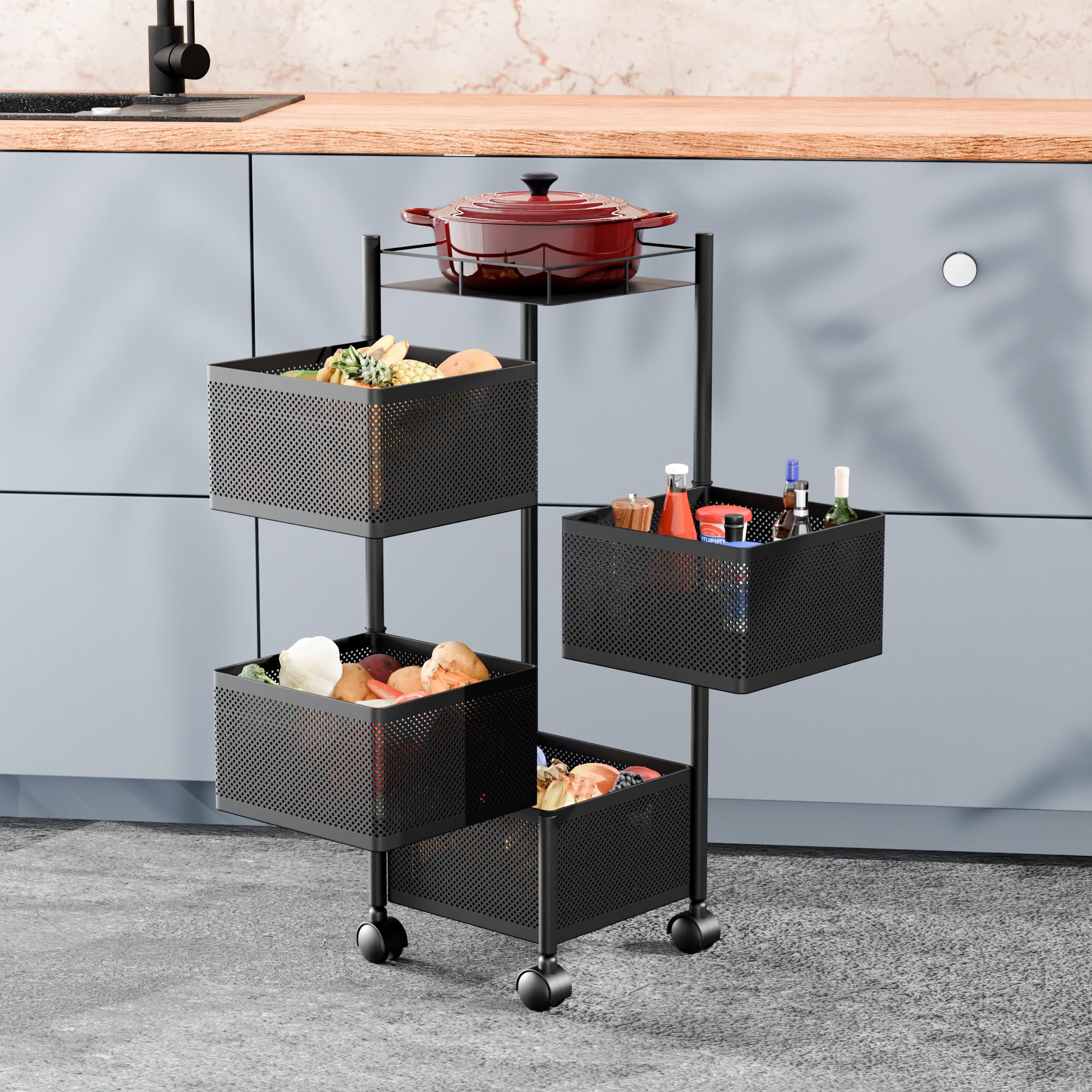 TEX-RO Kitchen Trolley with Wheels | 4-Layer Metal Vegetable Basket Stand & Kitchen Storage Rack | Multipurpose Kitchen Organizer for Onion Potato Storage (Small,Black)