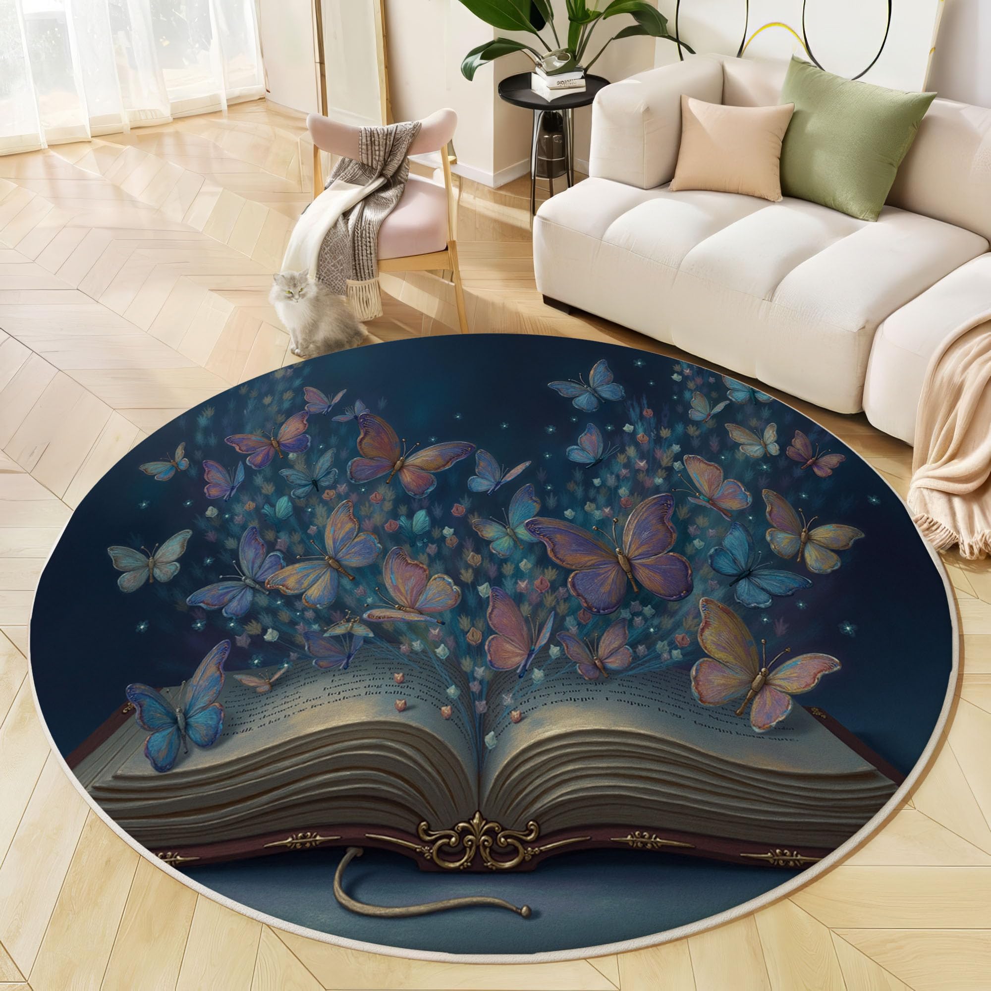 Tapis rond papillon bleu marine 160 cm moquette lavable pour chambre