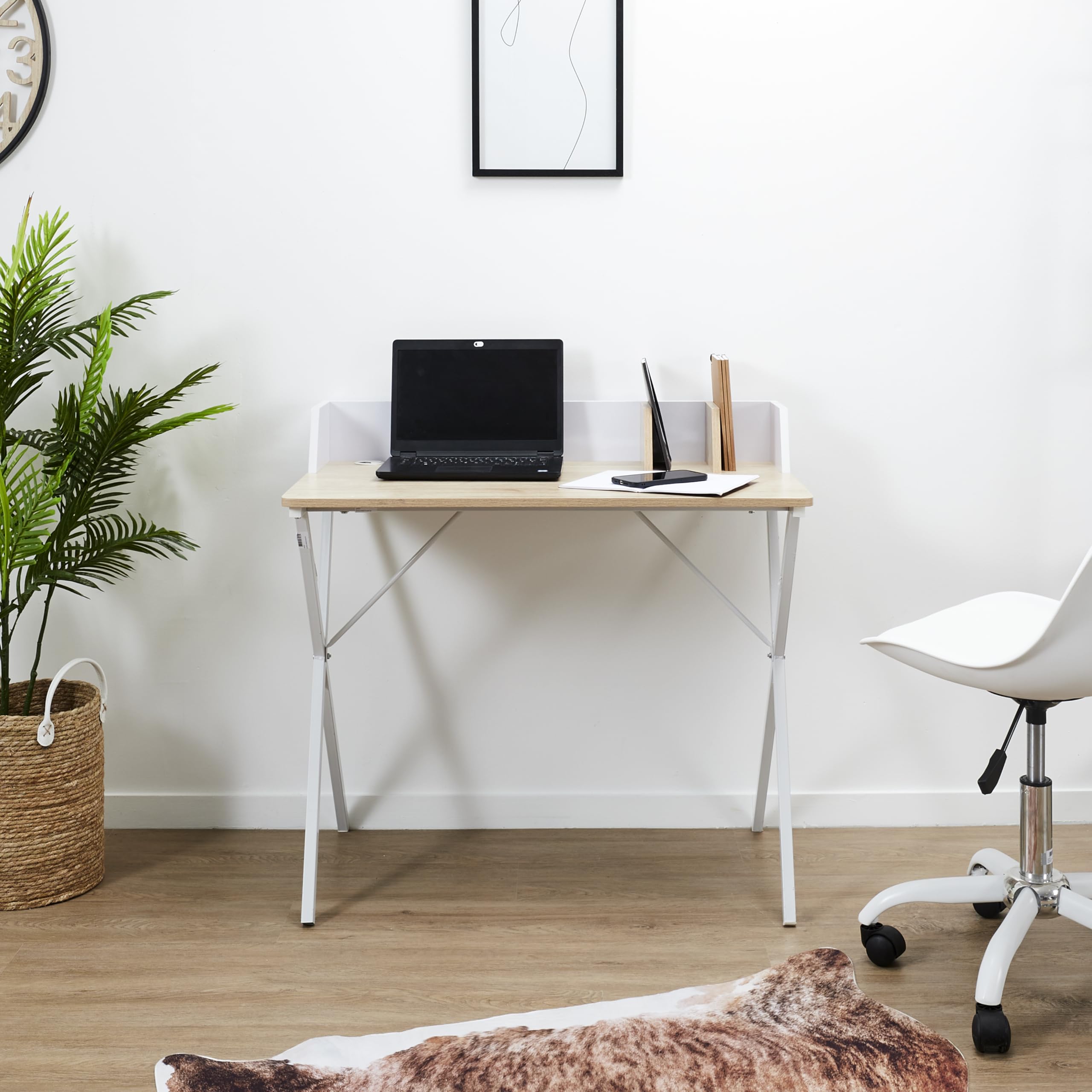 HOME DECO FACTORY Bureau Brice Moderne Télétravail Design Épuré Blanc | Acier et bois, bureau Brice, table de travail moderne, télétravail, design épuré, robuste, 84x90x50 cm, blanc