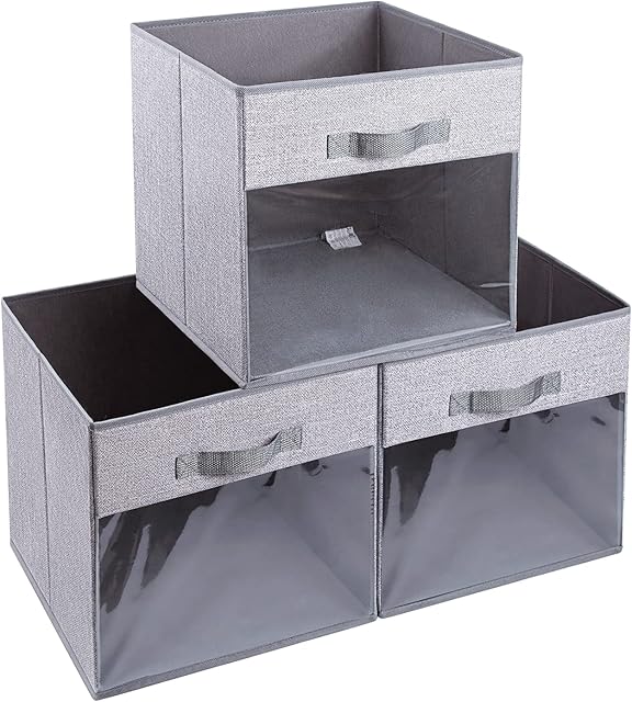 DIMJ 3 Pack Foldable Storage Boxes with Transparent Window, Fabric Storage Cubes with Reinforced Handle, Open Storage Bins Baskets for Wardrobe, Closet, Shelves, Home, Office (Sky Grey, 27*27*27 cm)