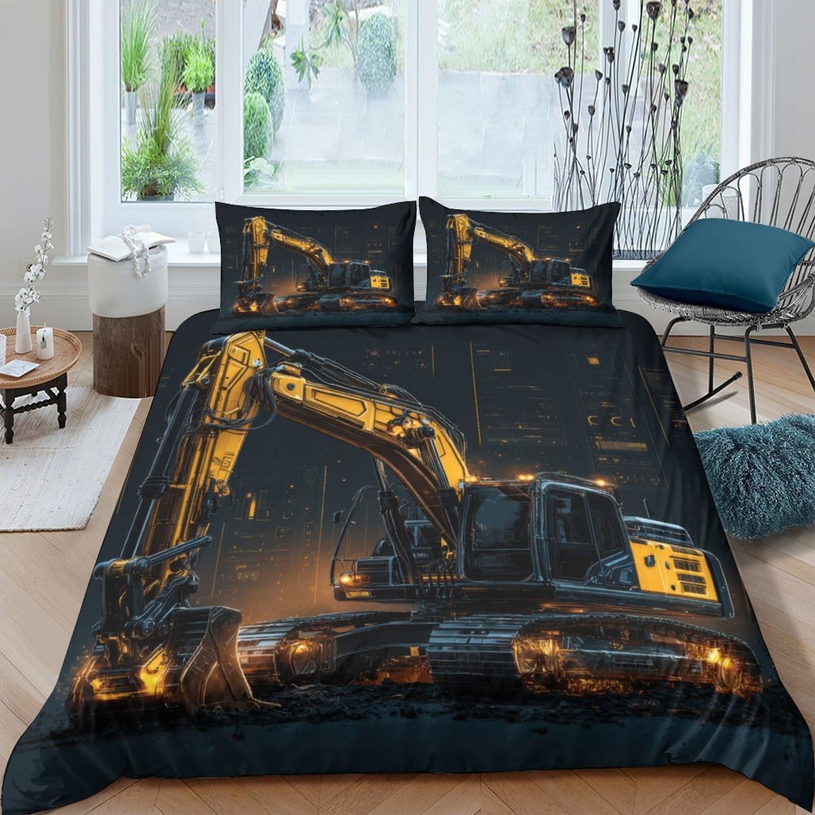 Ctjqhvkz Style-10 3D Printed Construction Excavator Fitted Sheet Microfiber Machine Yellow Bed Cover Anti-Slip Washable Decor For Bedroom Guestroom Single（135X200cm）
