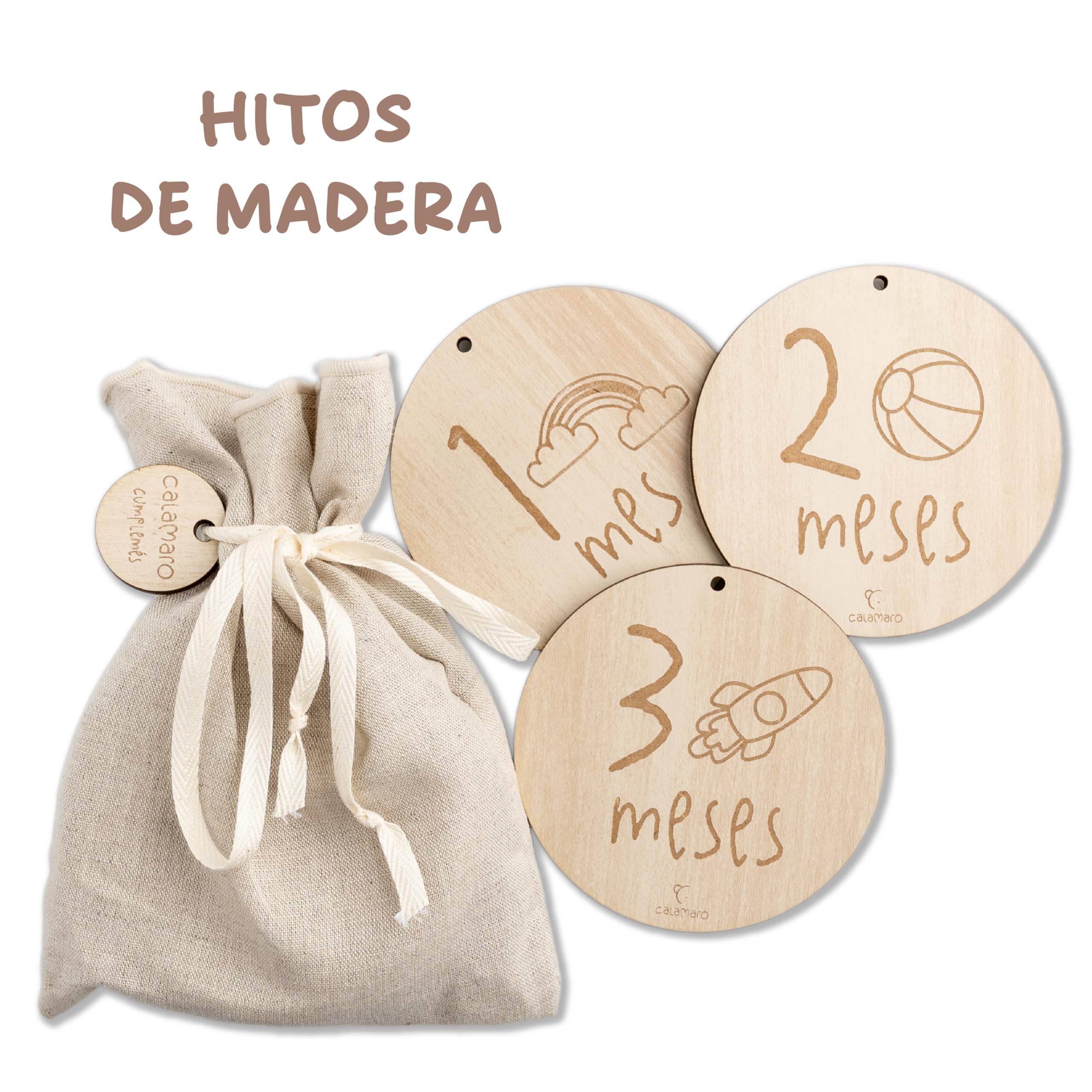 Calamaro - Cumplemes Bebé Madera – Set 12 Placas 1-11 Meses + 1 Año – Cumplemes Bebé Español – Regalo Recién Nacido – Hecho en España – Bolsa Lino Premium (English)