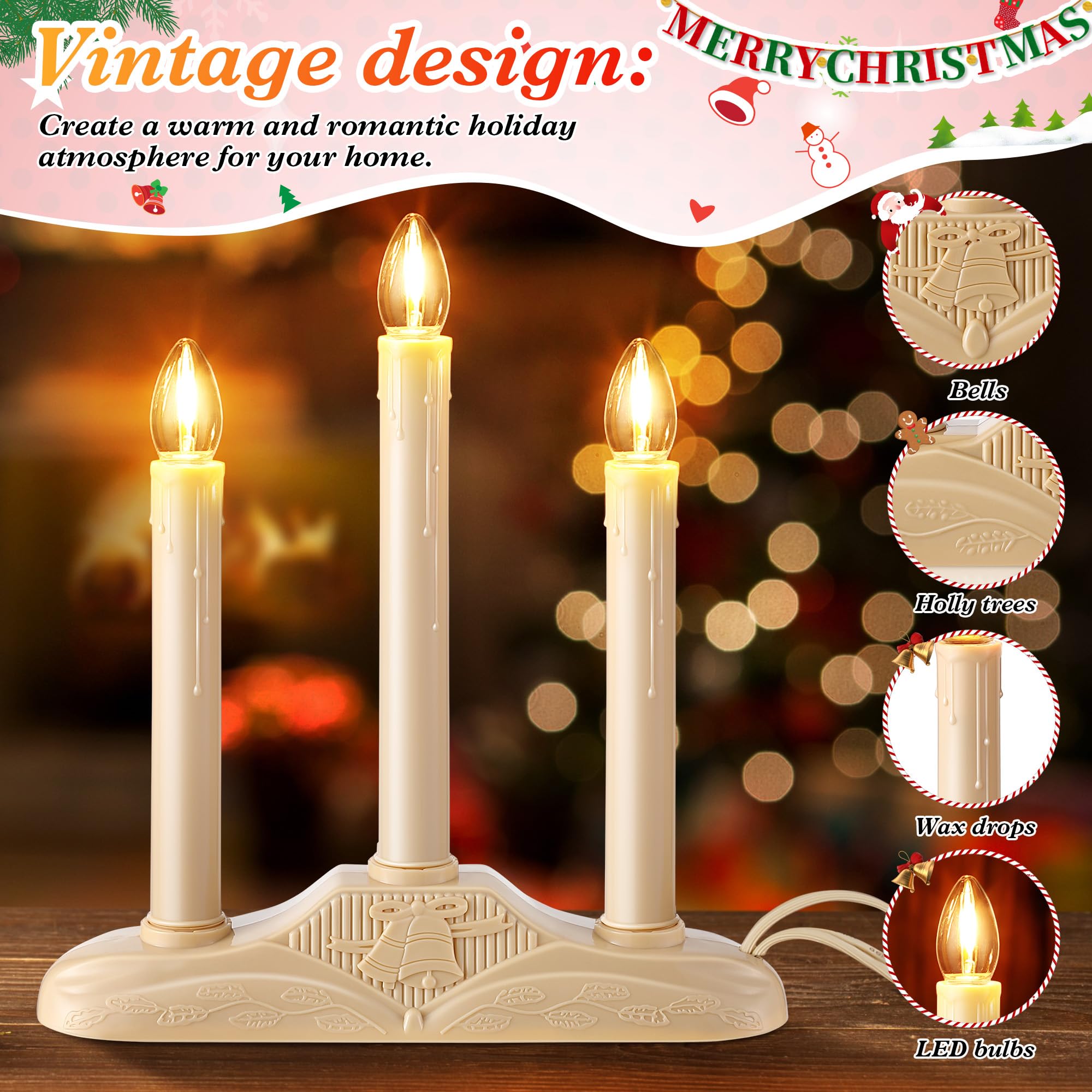 3-Light Indoor Christmas Candle Lamp, Ivory Plastic, Clear C7 Bulb