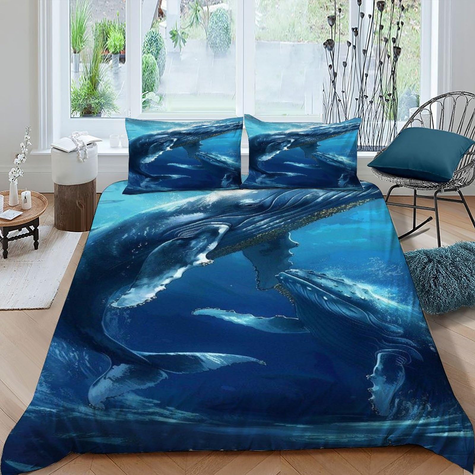 Whale Water Bedding Set Theme Bedspread Animal Theme Wildlife Marine Animal Duvet Cover Set Microfiber Comforter Cover Universal for All Seasons Pillowcase King（220x240cm）