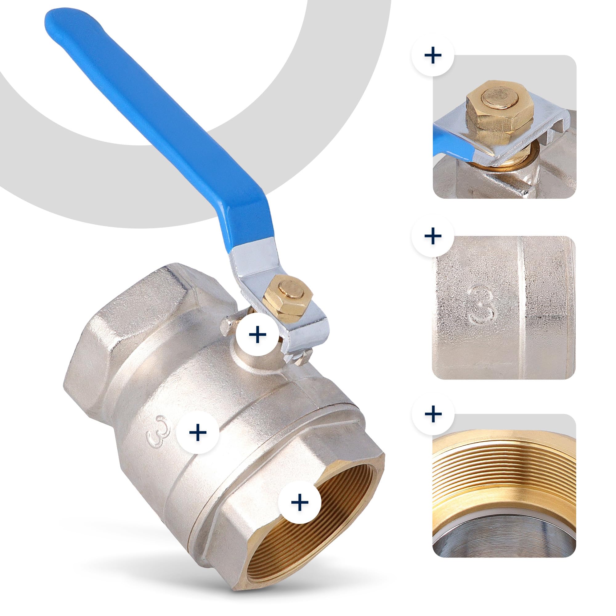 Instalguru Válvula De Bola 3'' Rosca Hembra Latón Alta Presión PTFE Agua Potable Maneta Acero Válvula Esfera Grifería Instalación Fontanería Calefacción