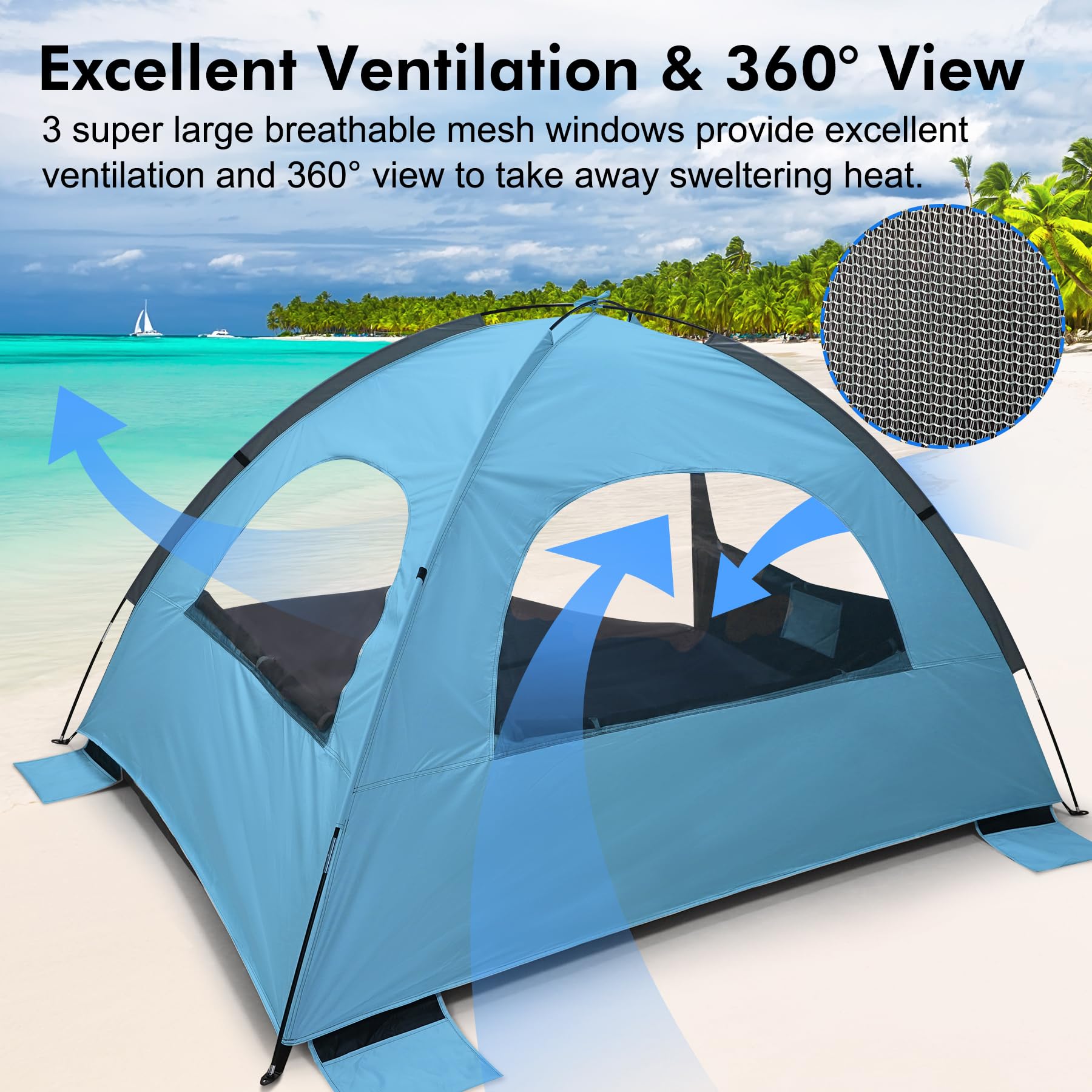 WhiteFang Tente de Plage Anti-UV Portable pour 3 Personnes, Sol Extensible avec 3 fenêtres en Maille ventilée, Sac de Transport, piquets et haubans