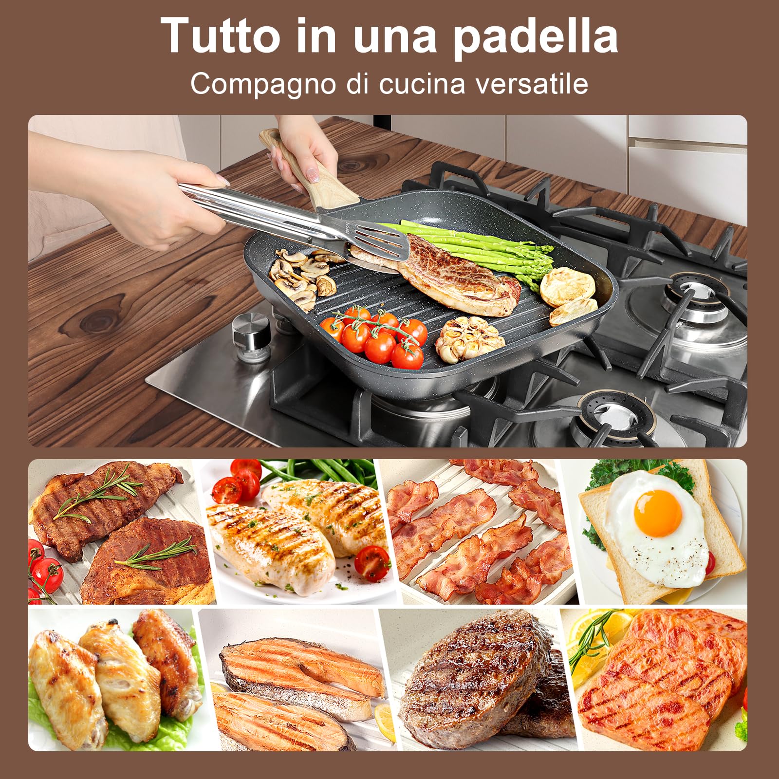 GiPP Bistecchiera 28 x 28 cm, Padella a Induzione in Alluminio Pressofuso con Rrivestimento Antiaderente in Granito, 100% Senza PFOA, Adatta per Tutti i Tipi di Fornelli (Grigio, 28cm)