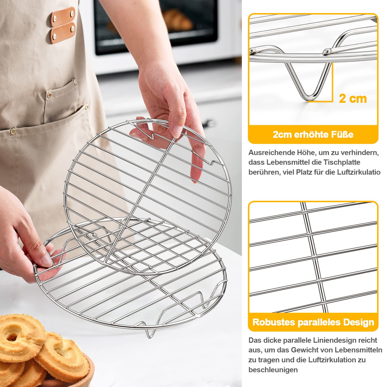 HaWare Griglia di raffreddamento rotonda, set da 2 pezzi, 100% acciaio inox, griglia di raffreddamento per cottura a vapore, ideale per pentole/forno, teglia per torte, forno e lavastoviglie (19 cm)